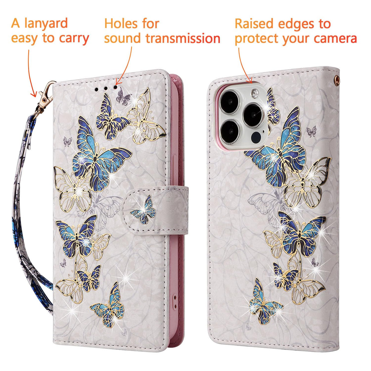 UEEBAI Wallet Case for iPhone 15 Pro Max, PU Leather Phone Cover Kickstand RFID Blocking Flip Case Card Slots Wrist Strap Relief Engraved Pattern Magnetic Closure Flower Folio Wallet, Blue Butterfly
