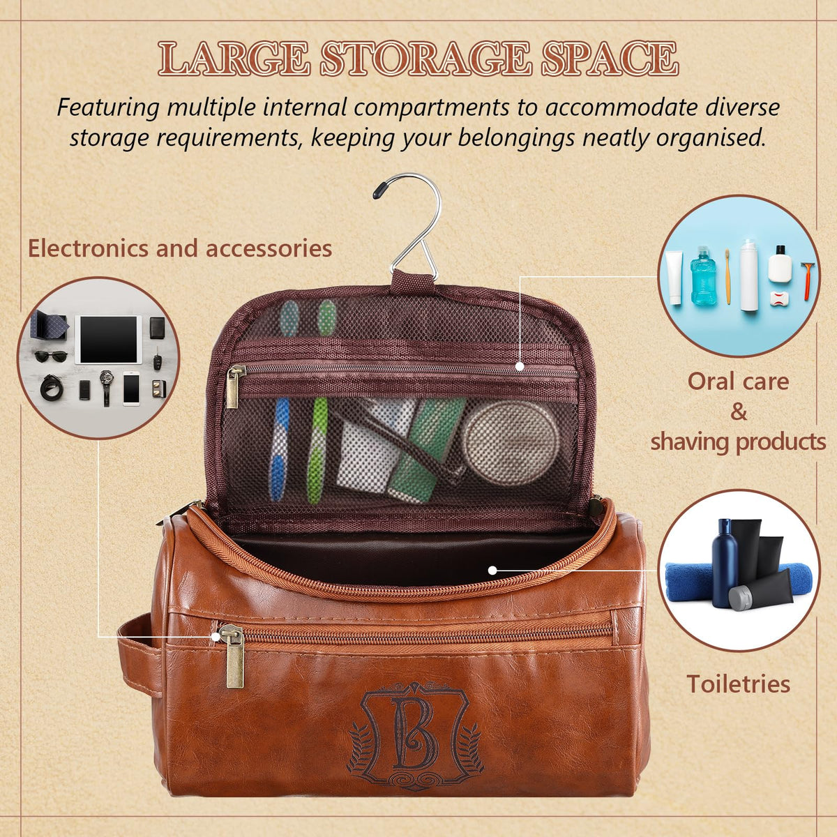 Sadnyy Father's Day Personalized Leather Toiletry Bag for Men Initial Travel Bag with Hook Monogrammed Toiletry Pouch Leather Travel Bathroom Kit with Side Handle for Anniversary Birthday Gifts(B)