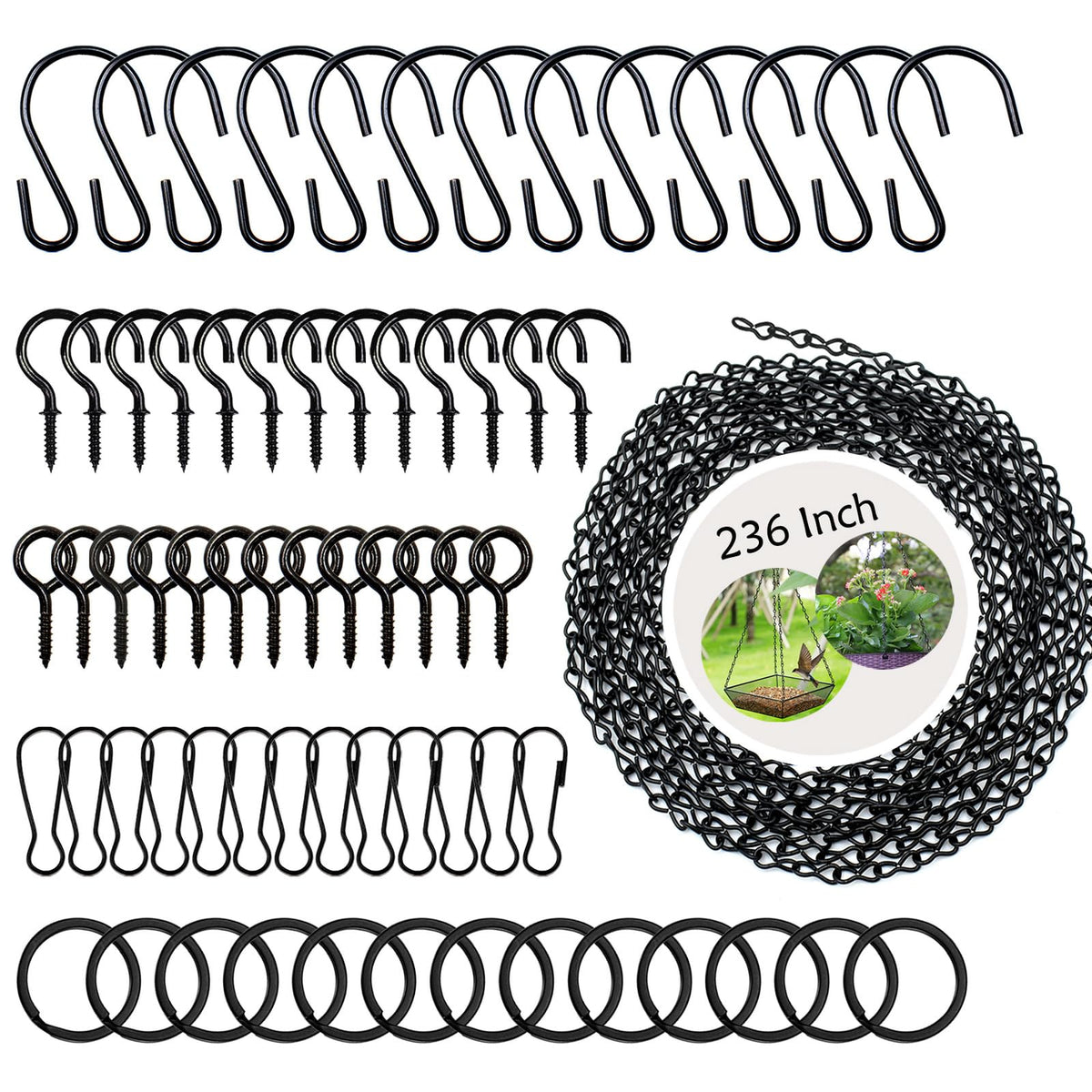 YINGFENG 236 Inch Black Metal Hanging Chains and Hanging Basket Hooks Set for Bird Feeders, Birdbaths, Planters, Grow Lights, Lanterns, Wind Chime and Ornaments, Eye Screws, Chain Hooks DIY