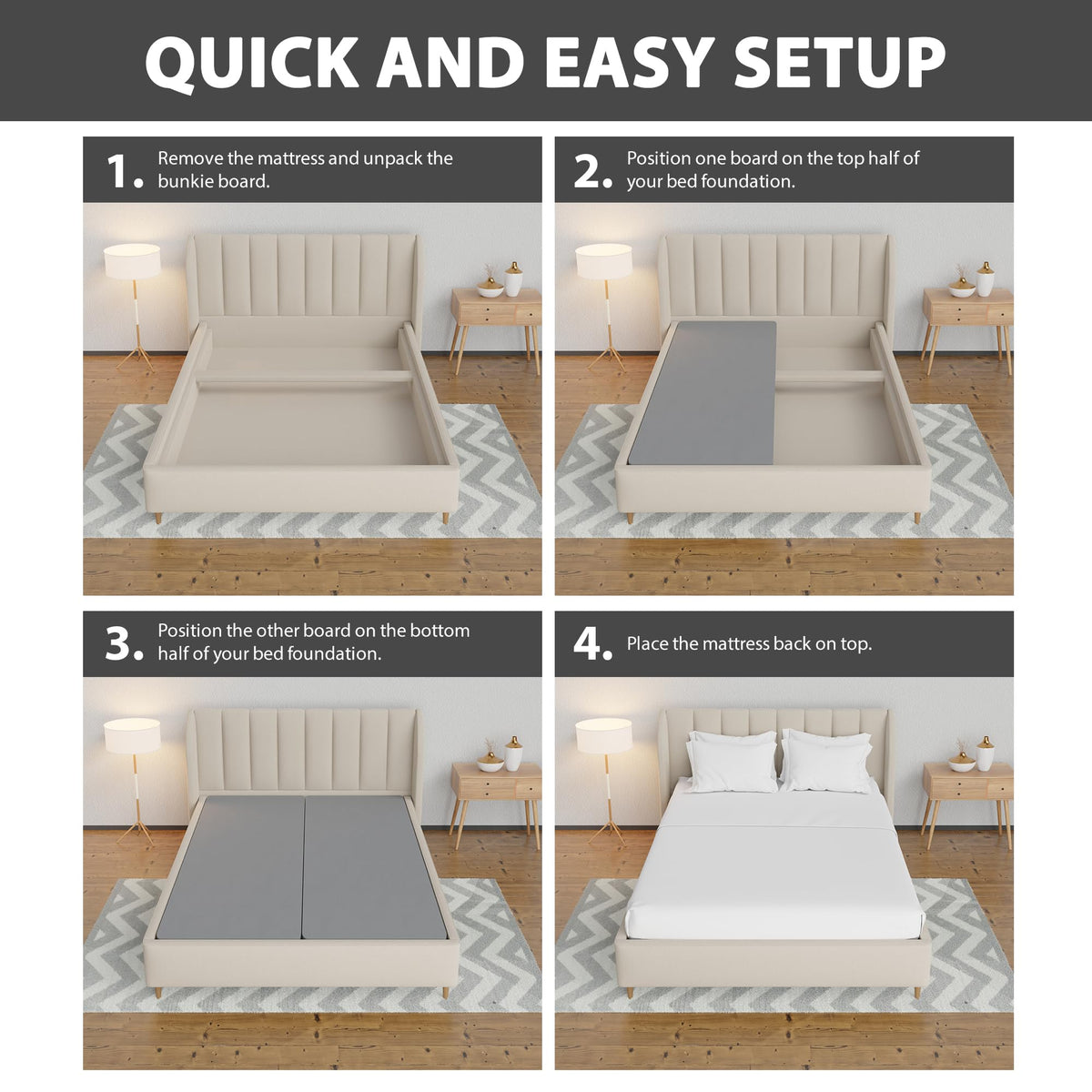 Zayton, 1.5" Split Wood Bunkie Board Queen Size Bed - 2-Piece Under Mattress Support Board, Fully Assembled, Fabric Ventilation Cover - Replaces Wooden Slats or Box Spring for Bed Frames