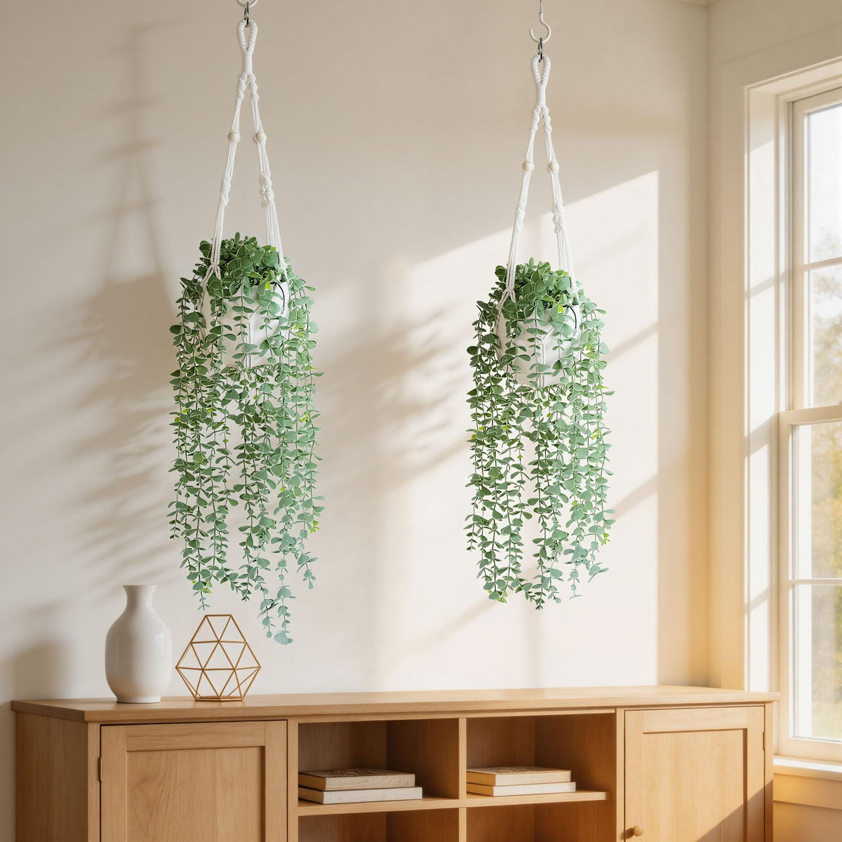 DREAMLOOM 2 Packs Fake Hanging Plants with Pots, Artificial Eucalyptus Hanging Plants with Macrame Hanger for Indoor Decor, Fake Hanging Vines Faux Greenery for Home Kitchen Office