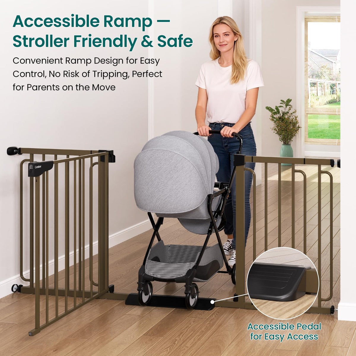 Cumbor Extra Wide Baby Gate, 36.6-69" Walk-Through Dog Gate for Stairs, Doorways & Hallways, 30.5“ Tall, Auto-Close & Dual-Swing Safety Child Gate Indoor, Easy Install Pressure-Mounted Pet Gate, Brown