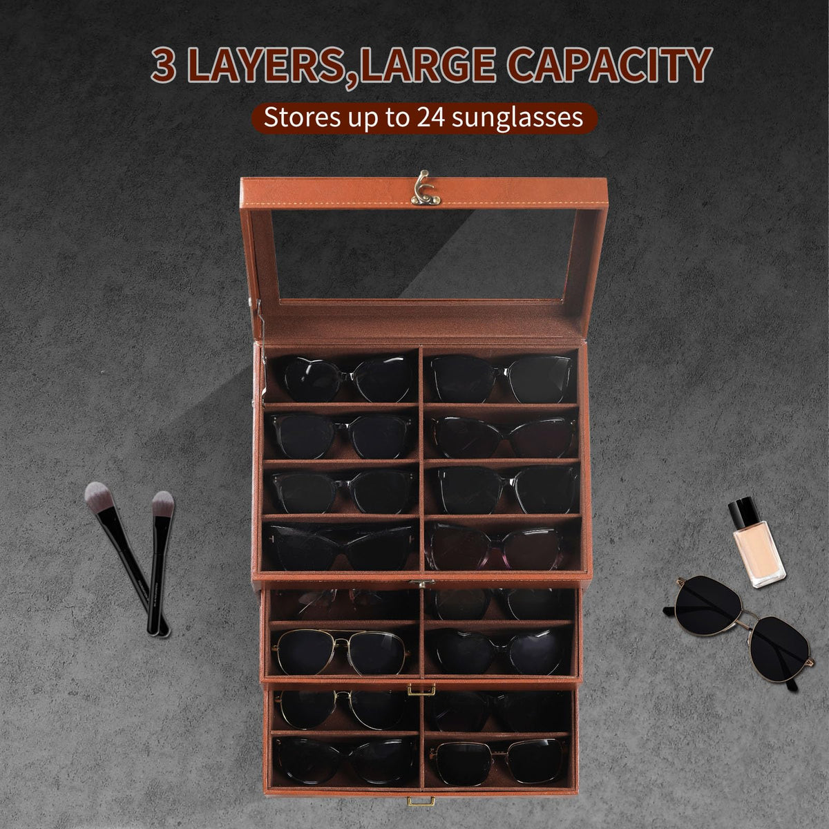 AUTOARK Leather & Velvet Clear Lid 24 Piece Eyeglasses Storage and Sunglass Glasses Display Drawer Lockable Case Organizer,Coffee,MKAW045