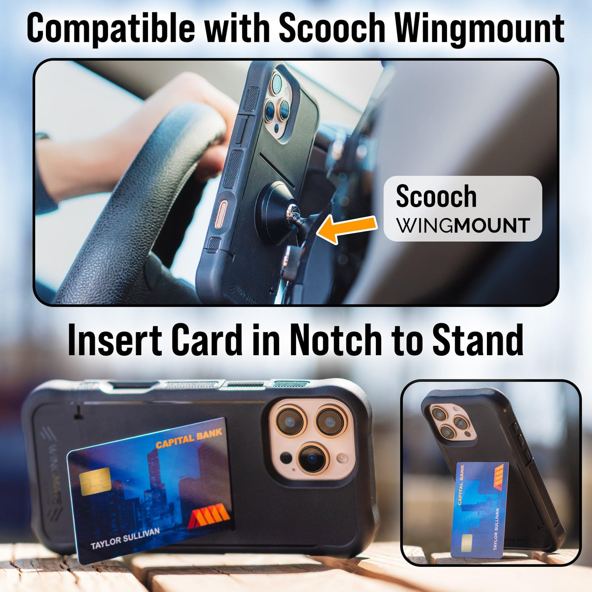 Scooch for Samsung Galaxy S24 Ultra Case with Card Holder, Wingmate Wallet Case with Hidden Card Slot and RFID Protection, Holds up to 4 Cards, 10-Foot Drop Protection, Black
