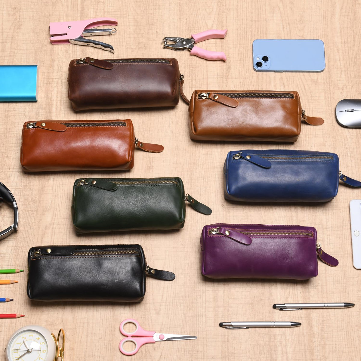 Wonderpool Pen Case Real Leather Pencil Pouch Markers Holder Big Capacity Bag with Side Zippered Pocket Sleeve for Stationery Makeup Utensils Organizer (Blue)