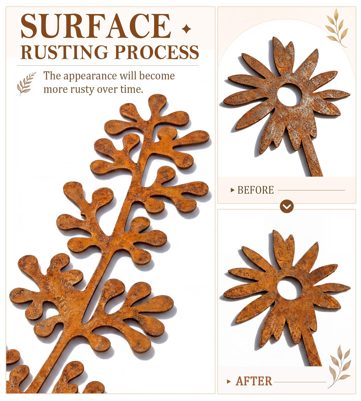 VIS'V Metal Decorative Garden Stakes, 15.7 Inch Rusty Flower Plant Yard Art Stakes for Outdoor Indoor Decor, 5 Pcs