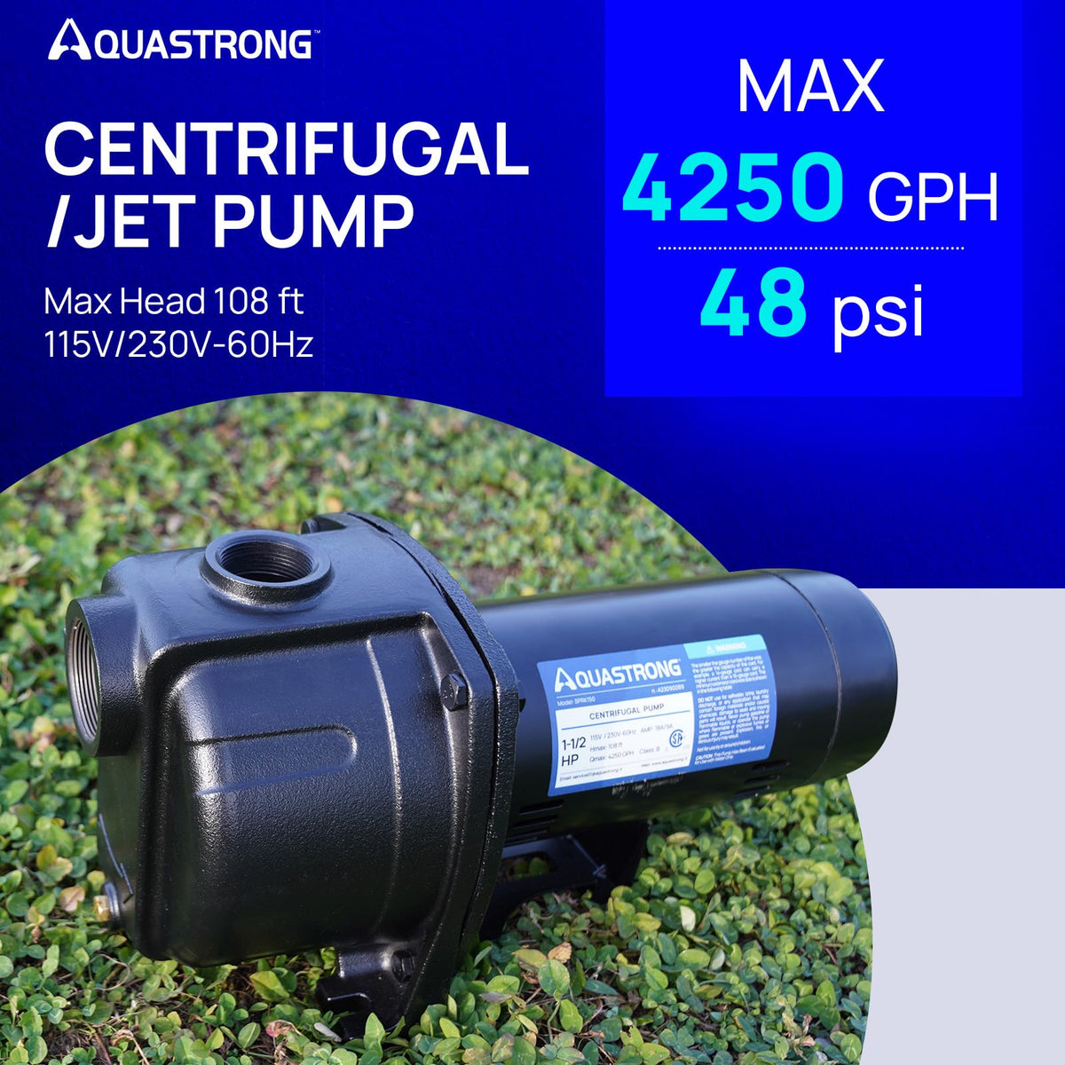 AQUASTRONG 1.5 HP Shallow Well Jet/Centrifugal Pump, 4250 GPH, 115/230V, Durable Cast Iron Booster Pump for Lawn Sprinkler, Garden Irrigation