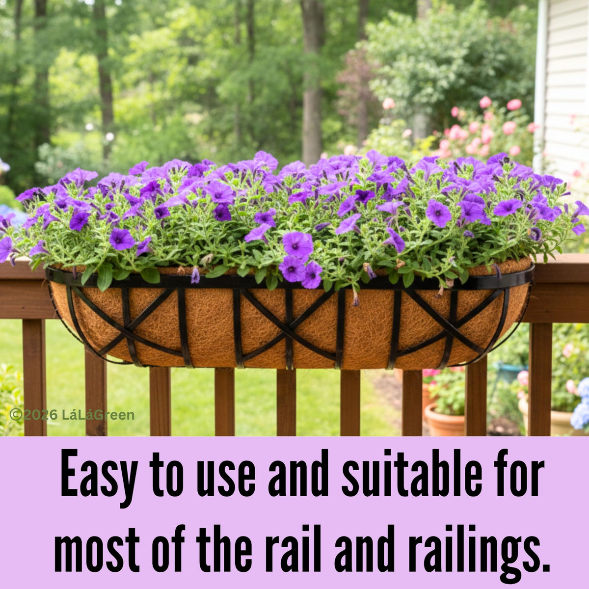 LaLaGreen 24 Inch, 2 Pack Railing Planters with Adjustable Mounting Brackets – Black Metal Window Planter Boxes for Outdoor Gardening, Wall-Mount Flower Pots, Balcony Fence Patio, Porch, Garden