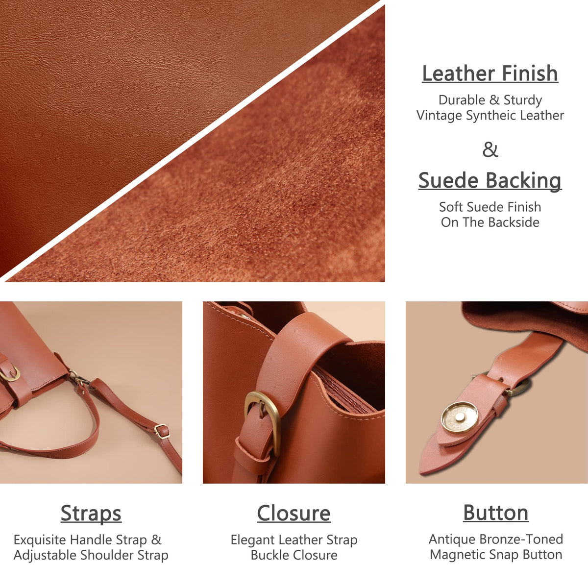 Town Bucket Vegan Leather Bag For Women (Light Brown Camel) Hobo Retro Faux Casual Purse Classic Vintage Simple Shoulder Handbag
