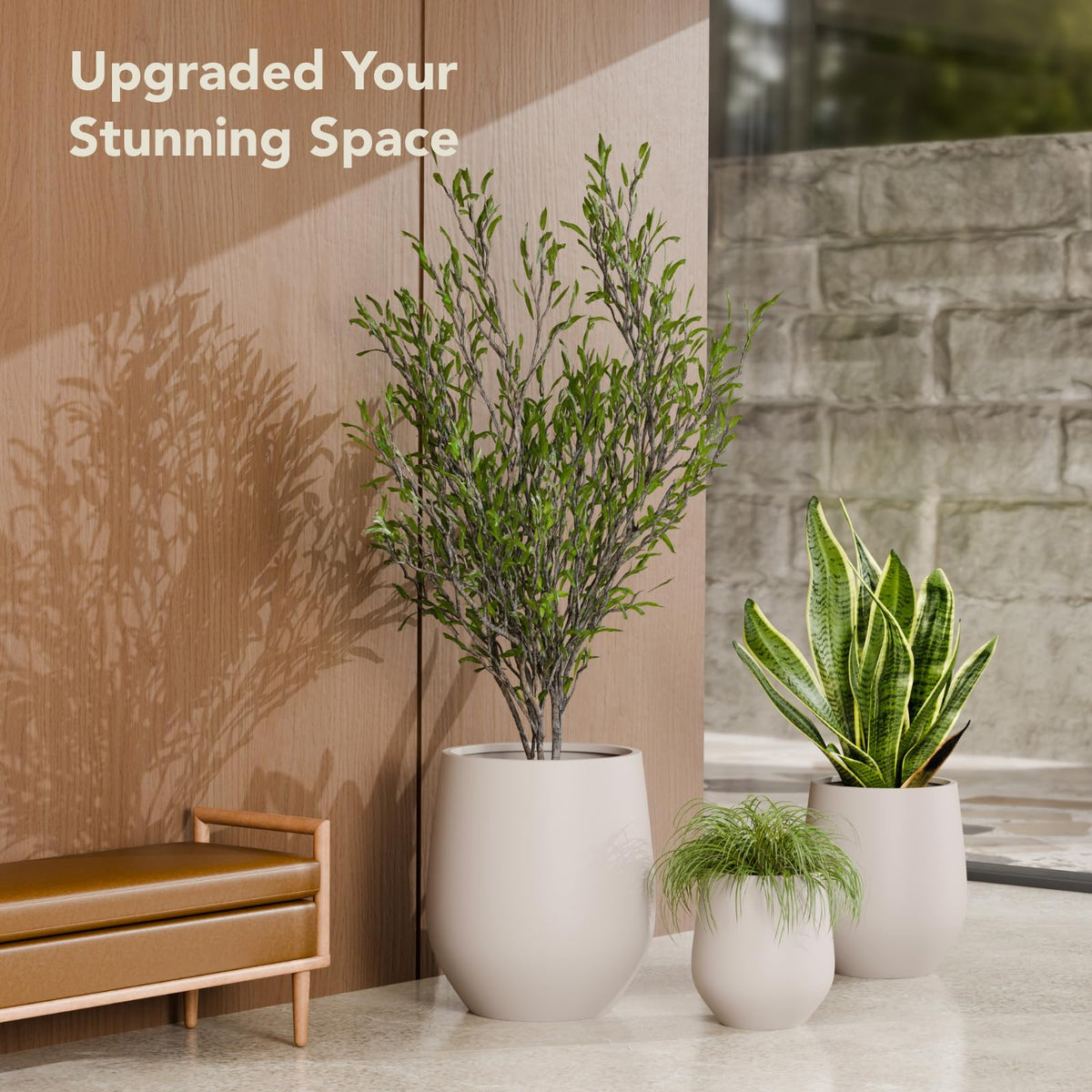 KUTE NEST 12.5" H x 11.4" D Premium Corso Fiberstone Round Tapered Planter with Drainage Hole, Weather Resistant for Indoor and Outdoor Use, Included 2 Extra Coco Mats (Taupe, 9" Pot Opening)