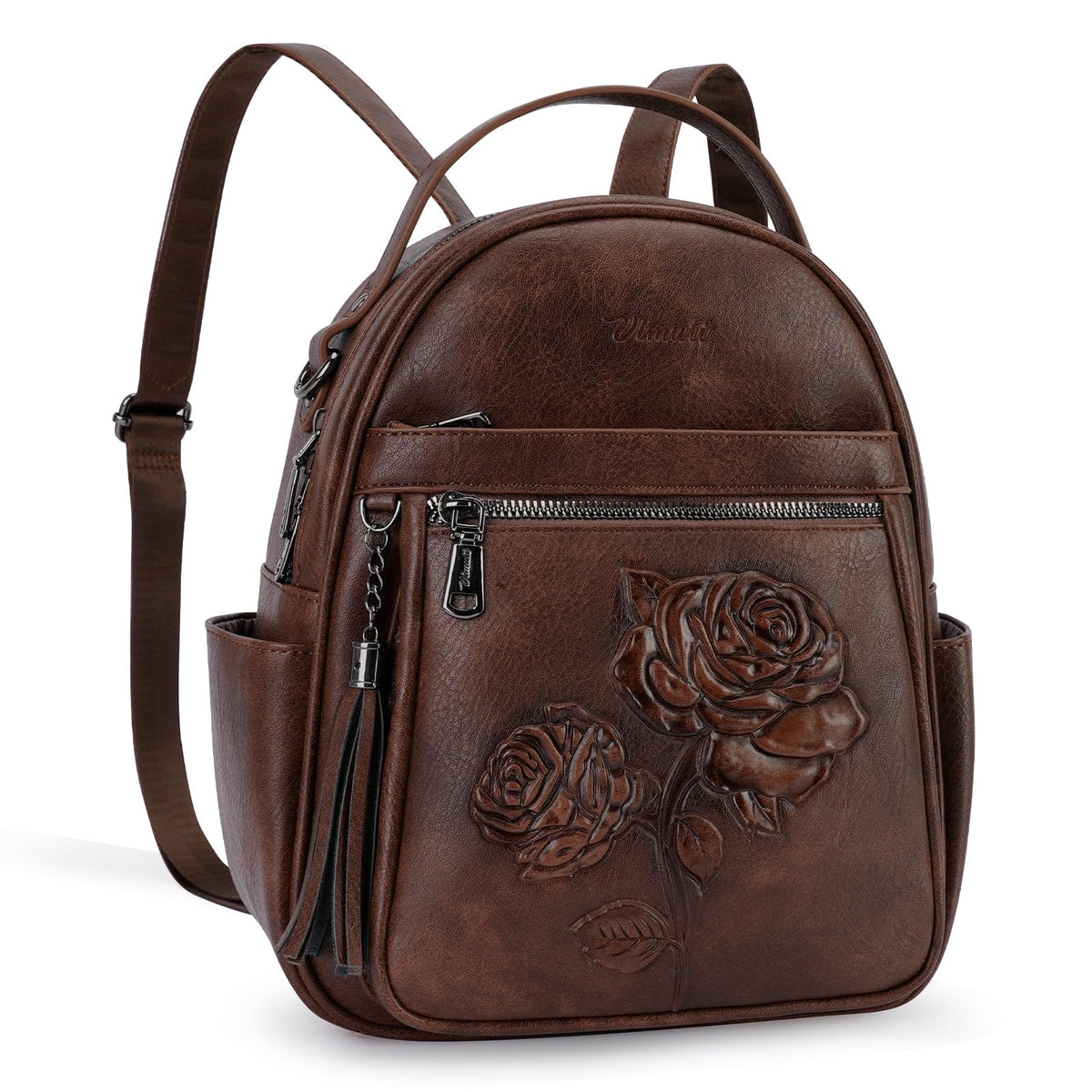 VIMUTI Mini Backpack Purse for Women,Embossed Leather Small Backpack Fashion Travel Backpacks Daypacks Shoulder Handbag (COFFEE-Flower)