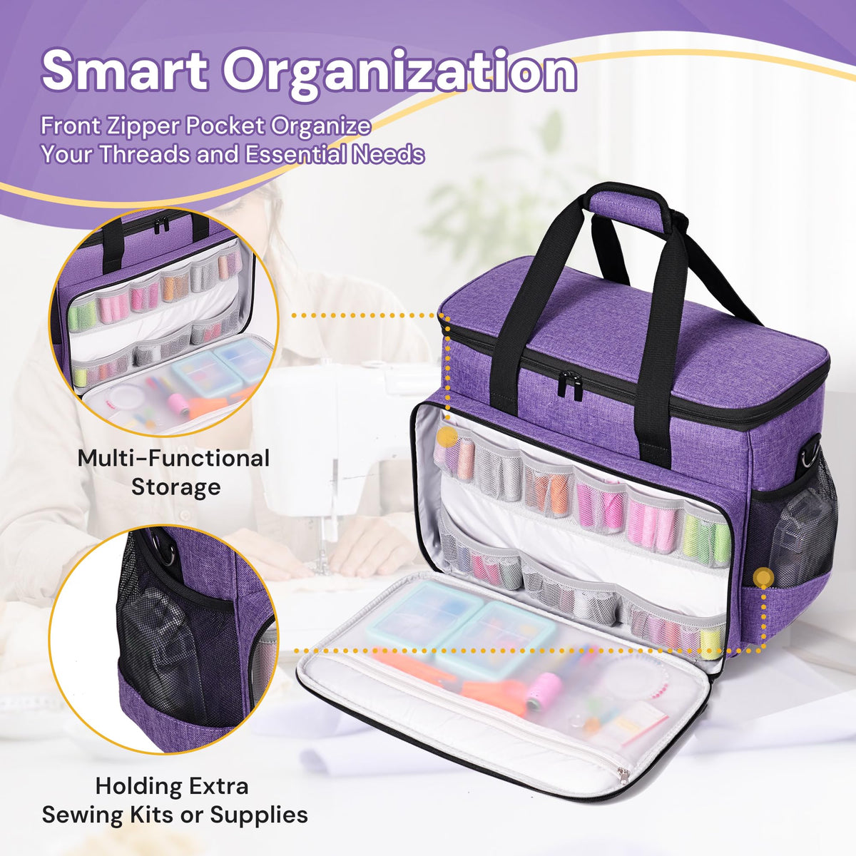 Golkcurx Sewing Machine Carrying Case with Removable Bottom Pad, Side Pocket for Sewing Kit Storage and Adjustable Shoulder Strap, Universal Sewing Machine Bag Fits Standard Singer, Brother, Janome
