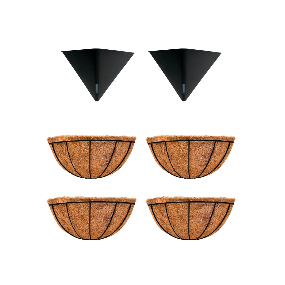 LaLaGreen Bundle- 2 Pack, 12 Inch Black Geometric Hanging Pot + 4 Pack, 12 Inch Metal Wire Basket with Coco Liner Flower Herb Plant Window Boxes Balcony Porch Modern Stylish Vase Self Watering Planter