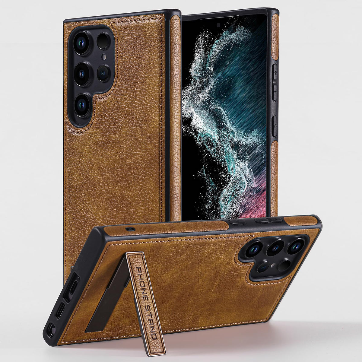 KSELF Leather Case with Stand for Samsung Galaxy S23 Ultra Case, Protective Soft Grip Luxury Cover for Men, Protective Slim Kickstand Shockproof Phone Cases Compatible with S23 Ultra 6.8", Brown