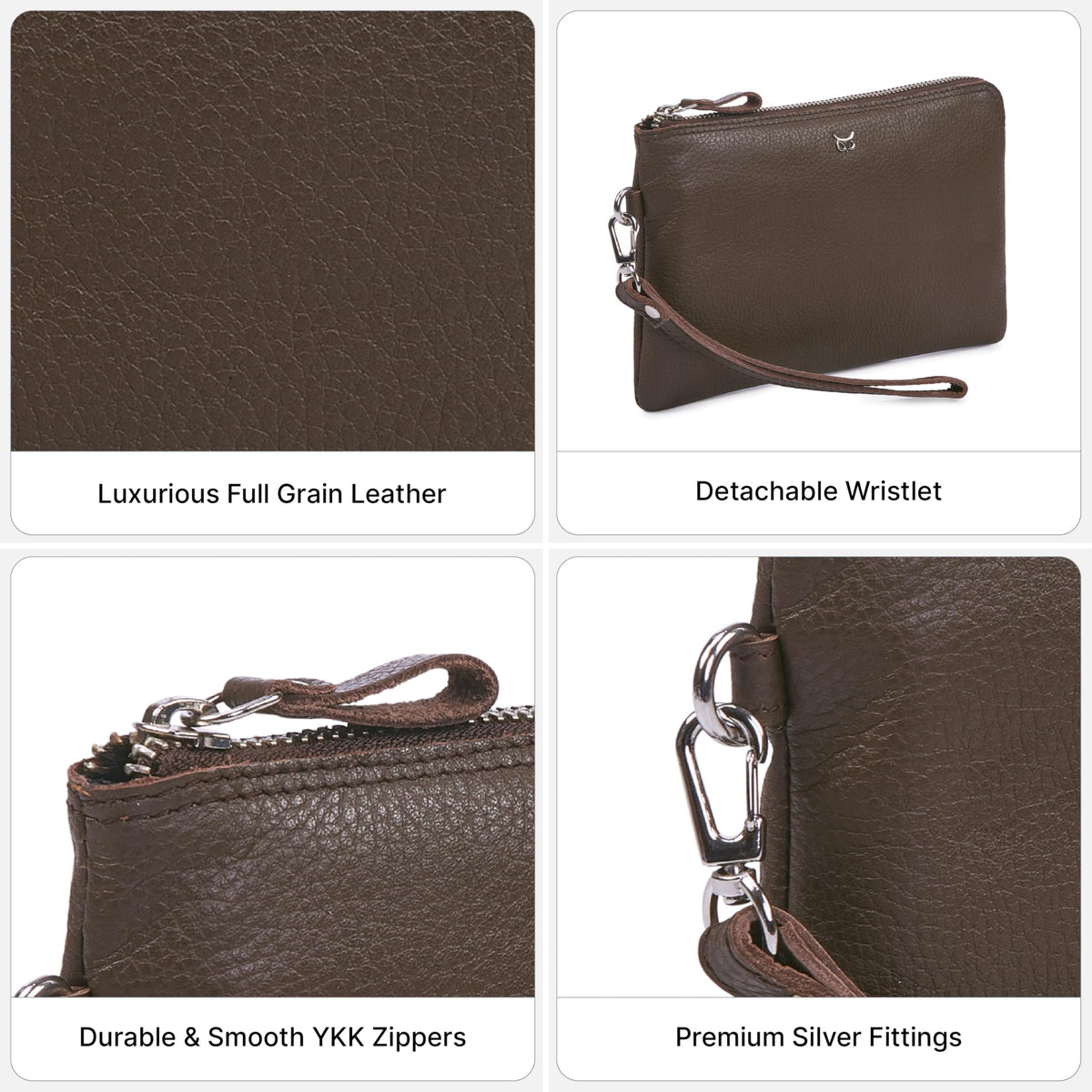 Wise Owl Accessories Genuine Leather Wristlet Wallet for Women Clutch Handbag Purses for Cell Phone Keys Coins Credit Card Slots (Brown Nappa)
