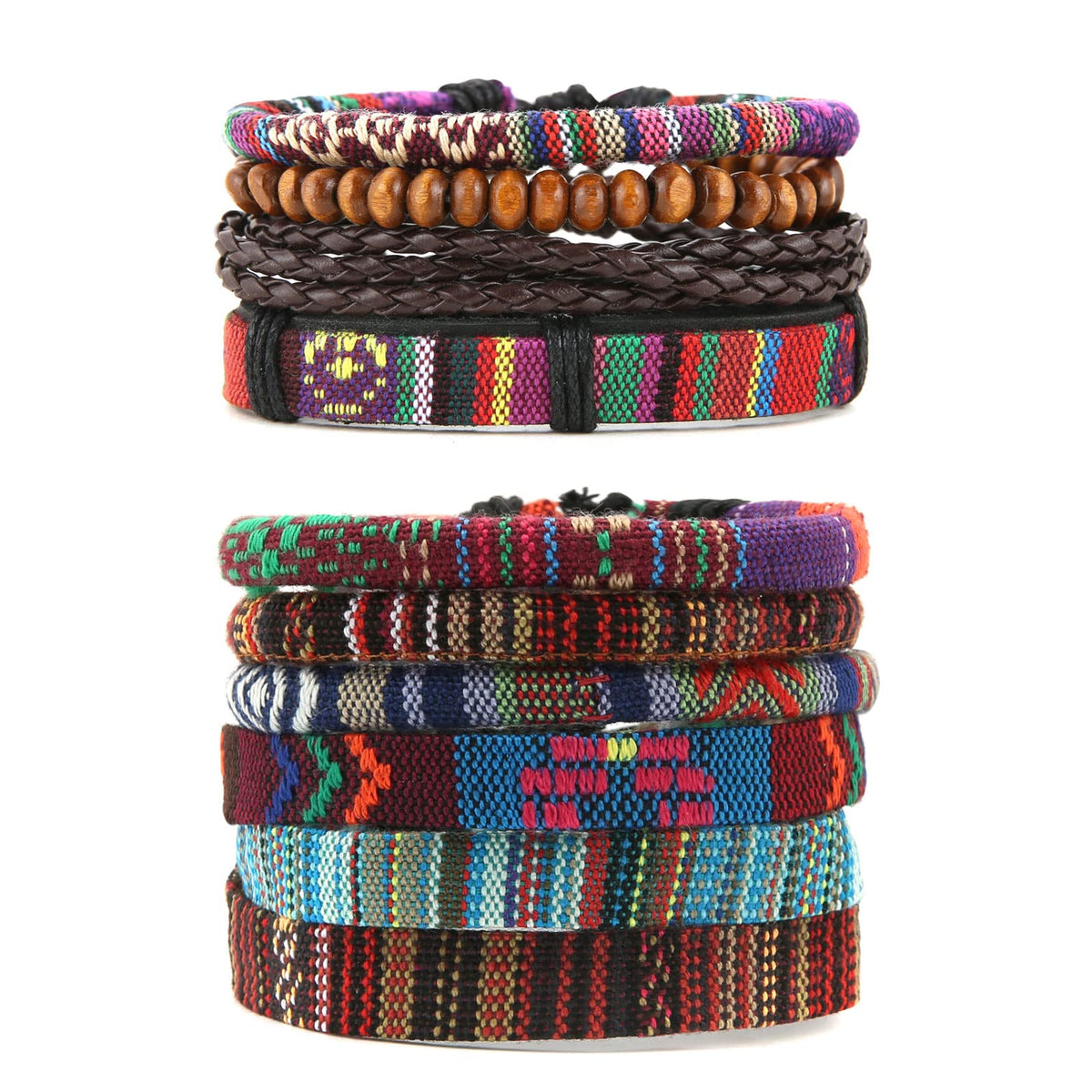 HZMAN 2Pcs Handmade Braided Leather Bracelet for Men Women Bohemian Ethnic Tribal Multilayer Hemp Rope Wristbands Wrap Cuff Bracelet