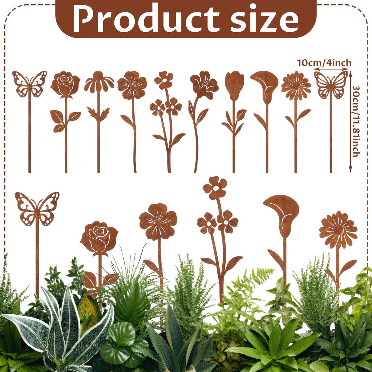 Otoolling 10 Pcs Rusty Metal Flowers and Plants, Rusty Rustic Metal Flowers Signs for Outside Yard Art Gift for Yard Decorative Garden Stakes Potted Plants Walkway and Garden