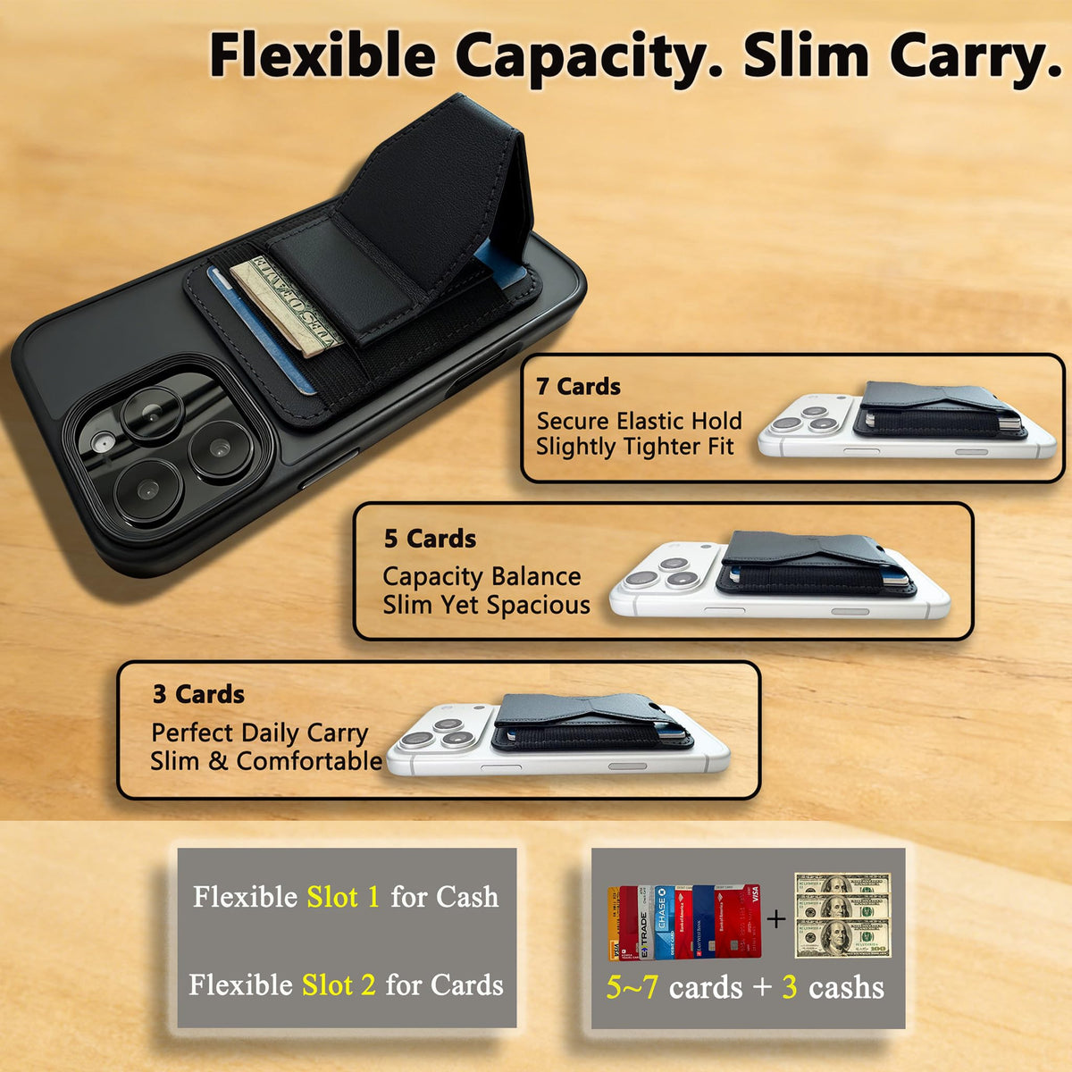 JIKAMO for MagSafe Wallet, Slim Magnetic Wallet for iPhone Magnetic Card Holder, Mag Safe Wallets with Phone Stand fits 5 Cards MagSafe Case iPhone 17/16/15/14/13/12 Series, Minimalist RFID, Black
