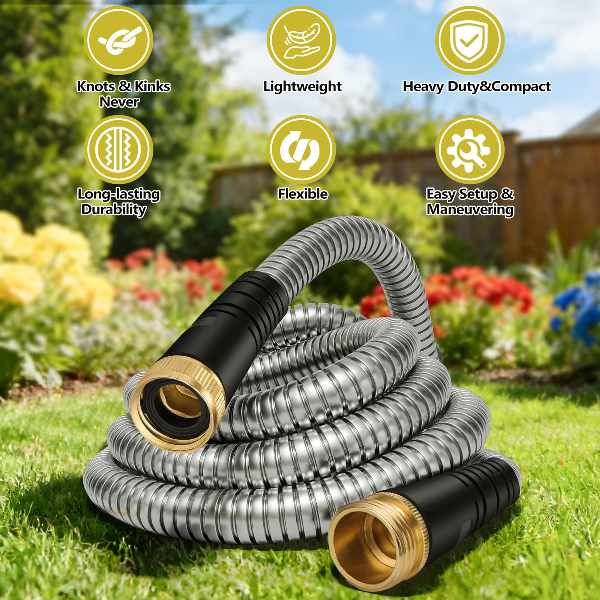 150 ft Stainless Steel Garden Hose - 2026 New Upgraded Metal Water hose - Flexible Water Hoses Pipes with Latex Core, 3/4" Solid Brass Connector - No-Expandable Watering Garden Hoses