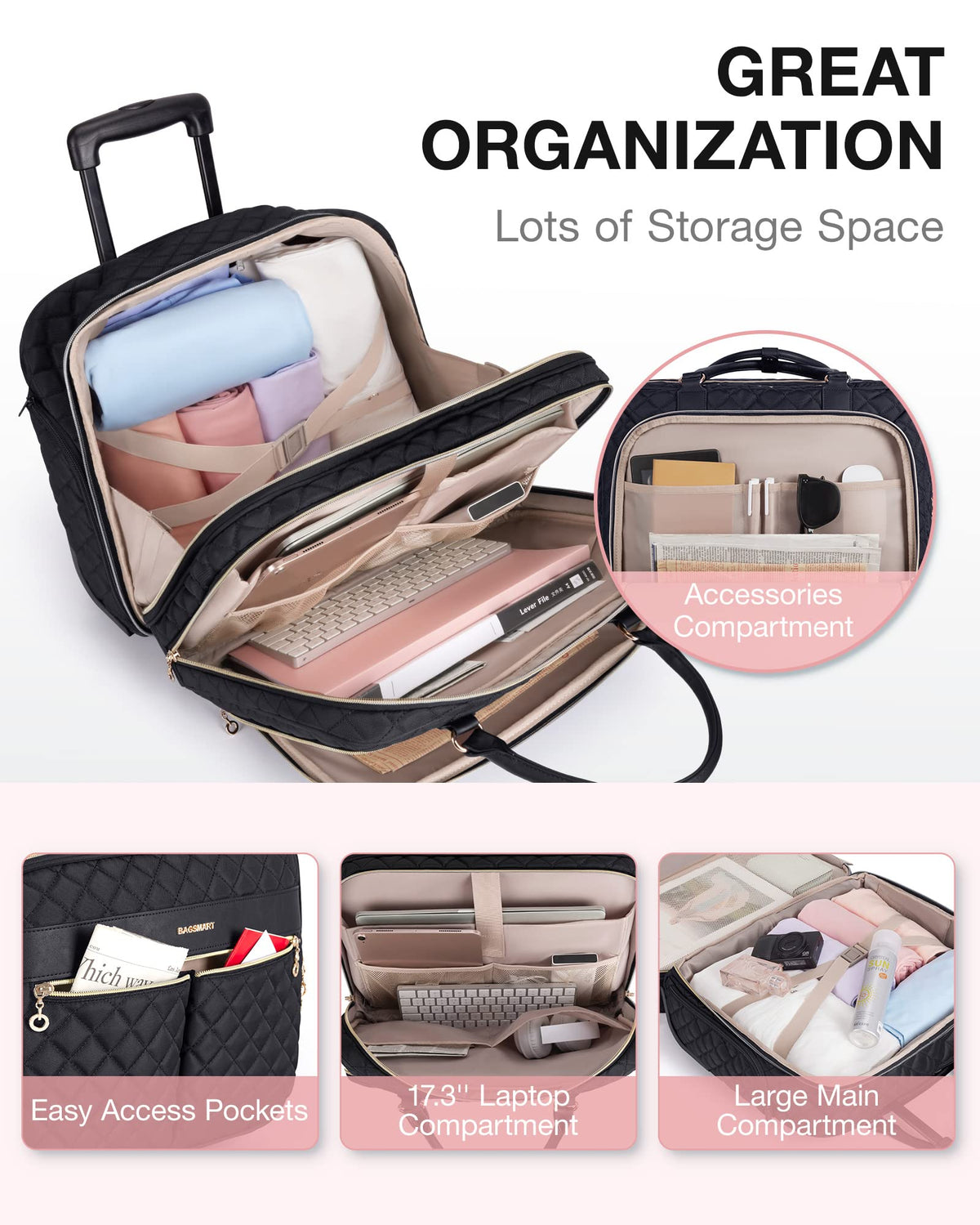 BAGSMART Rolling Laptop Bag Women, 17.3-Inch Quilted Briefcase on Wheels, Computer Case for Business Travel Work