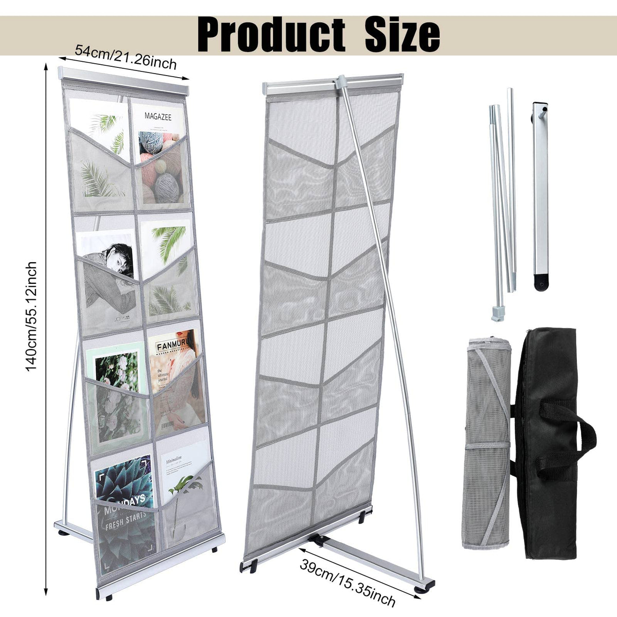 Outus Mesh Literature Brochure Holder with 8 Pocket Portable Magazine Display Roll Up Magazine Rack Lightweight Floor Standing Catalog Office Brochure Display Stand for Business Trade Shows