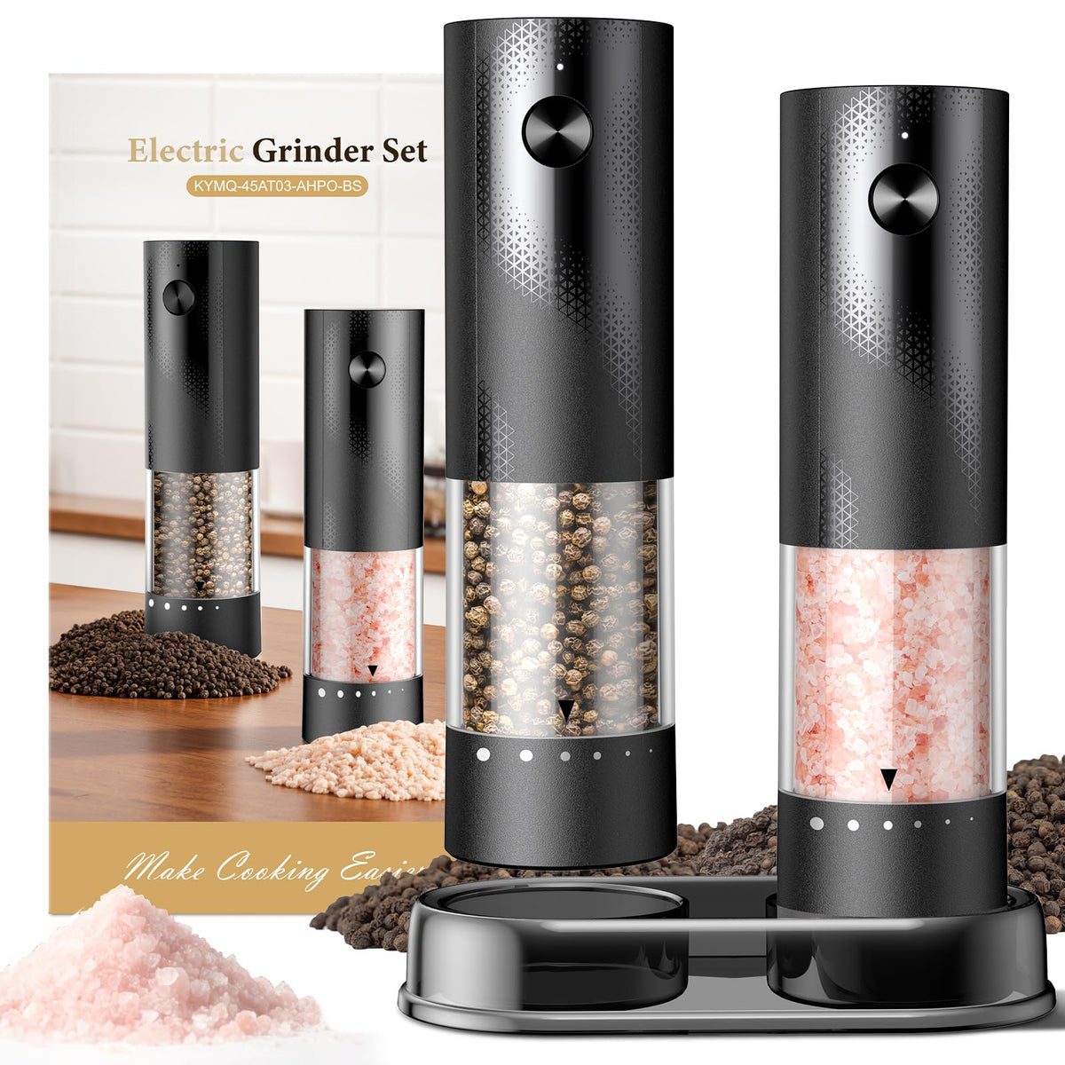 Electric Salt and Pepper Grinder Set - Rechargeable Automatic Salt and Pepper Shakers, Kitchen Appliances with External Adjustable Coarseness, Larger Hopper for Cooking, Home Gifts(2 Pack,Black/Black)