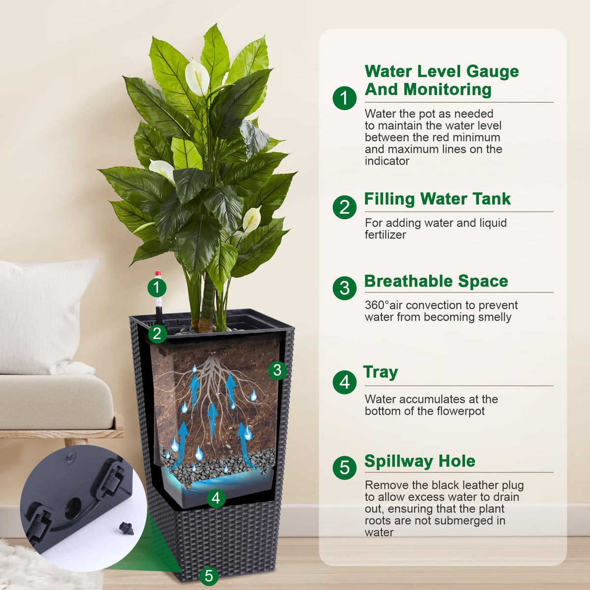 CheerAmenit 22.5 Inch Tall Planter Set of 2 Large Rattan Flower Pot with 2 Trays & a Water Level Monitor & Wheels Outdoor and Indoor for Patio, Porch, Living Room, or Home Office