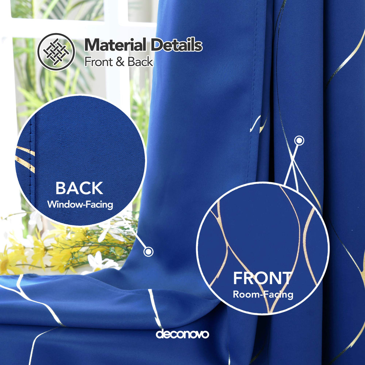 Deconovo Royal Blue Blackout Curtains 2 Panel Set for Bedroom, Thermal Insulated Grommet Room Darkening Window Drapes for Living Room, Gold Line Foil Print, 52W x 45L Inch