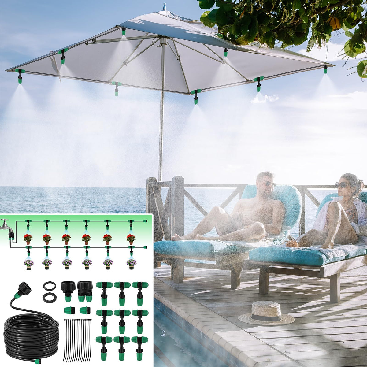 Misting Cooling System Greenhouse Misting System Automatic Garden Watering System Lock Barbed Drip Irrigation System with 1/4 inch Irrigation Tubing Mister for Patio Greenhouse Garden,Lawn.