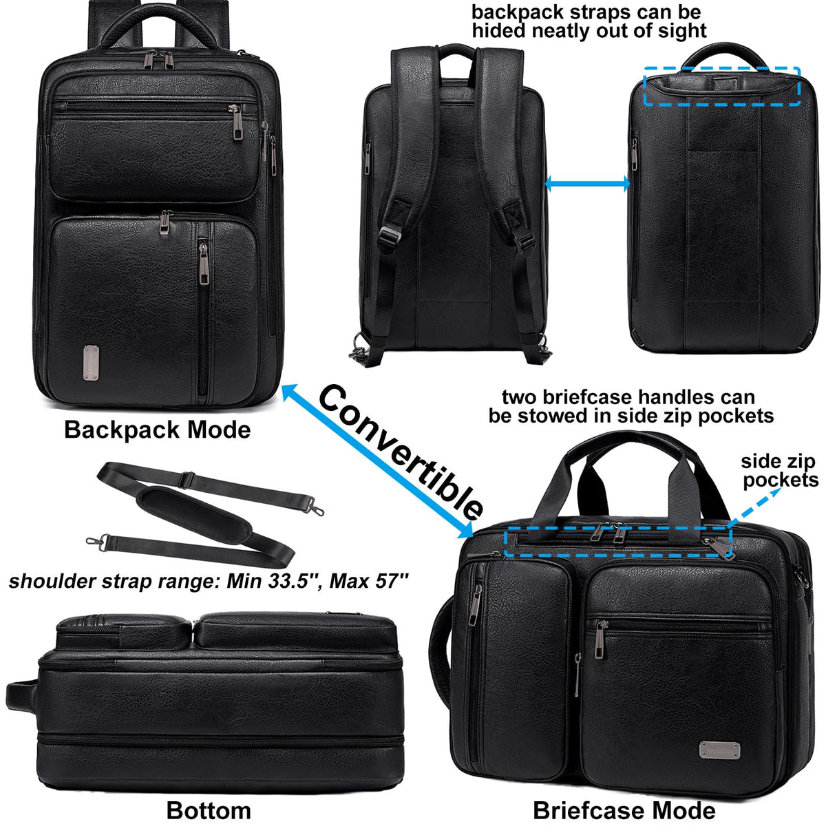 weiatas 3-in-1 Vegan Leather Convertible Laptop Bag for Men Women, 15.6 Inch Waterproof Expandable Backpack, Computer Briefcase, Shoulder Messenger Bag & Weekend Bag for Business Travel Work (Black)