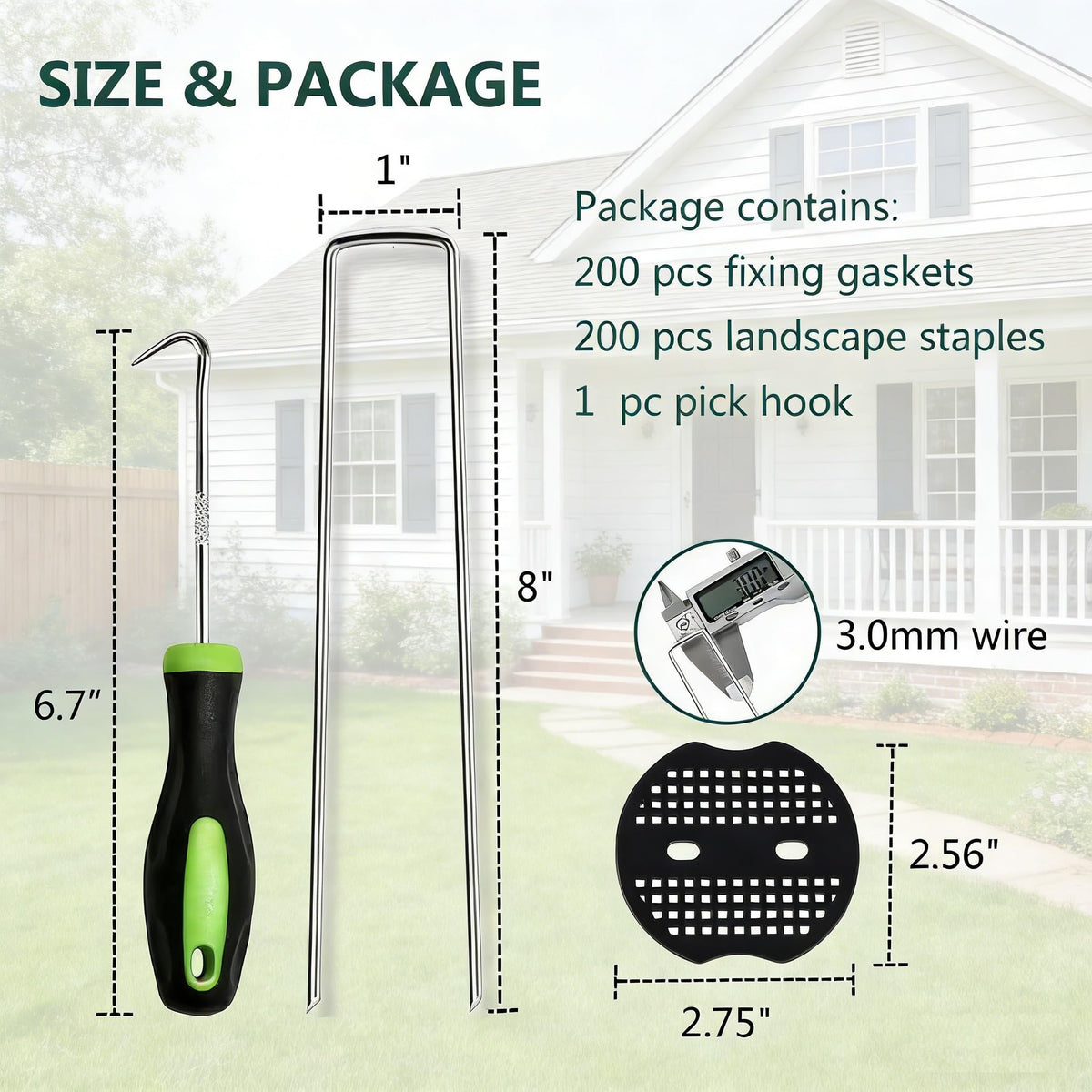 8 Inch 200 PCS Galvanized Landscape Staples with 200 PCS Gasket, Landscaping Fabric Stakes Weed Barrier Stakes Garden Spikes Ground Cover Staples