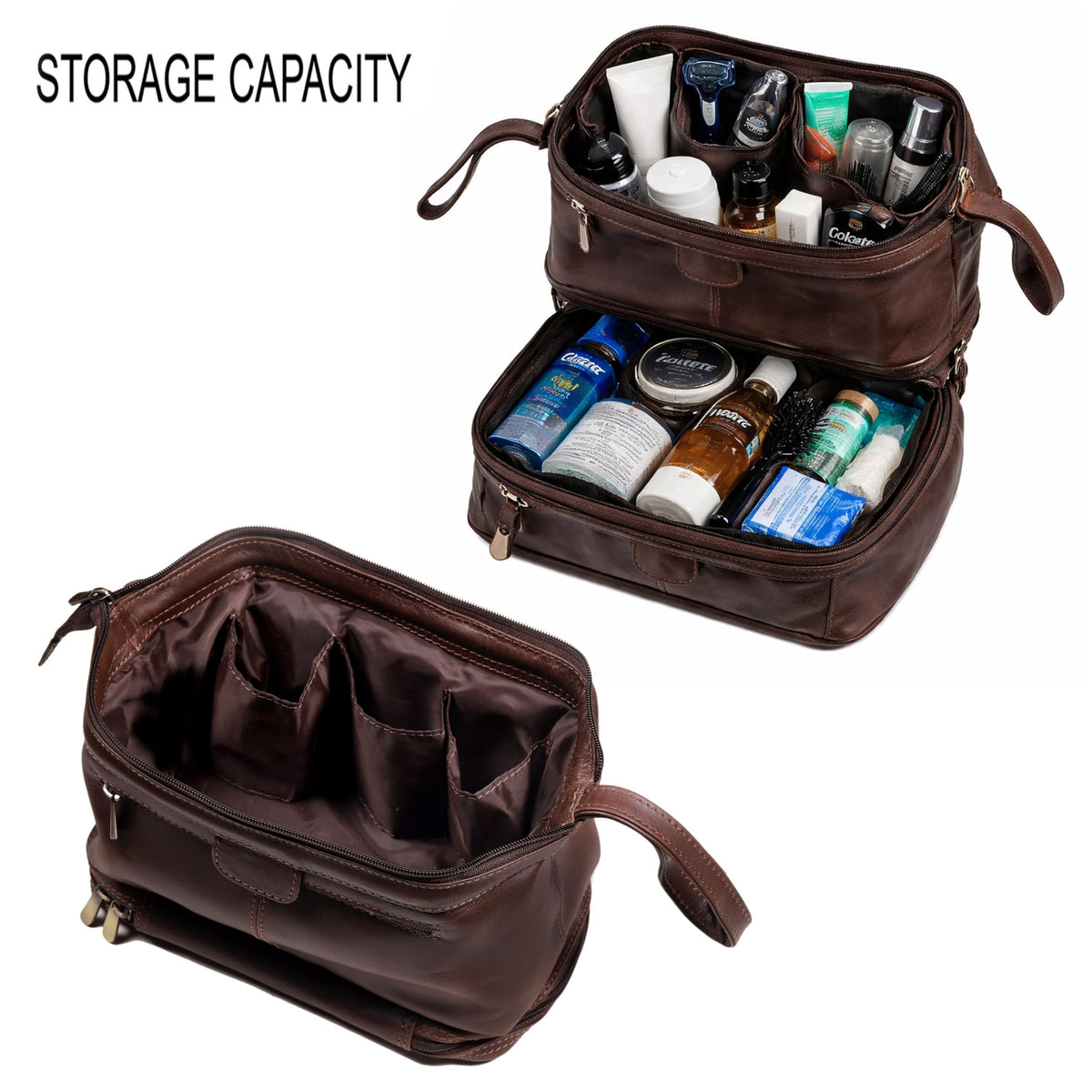 cuero Premium Genuine Leather Toiletry Bag for Men – Large Double Layer Travel Dopp Kit with Zipper Compartments,Lining & Handle – 9.5” Travel Shaving Organizer
