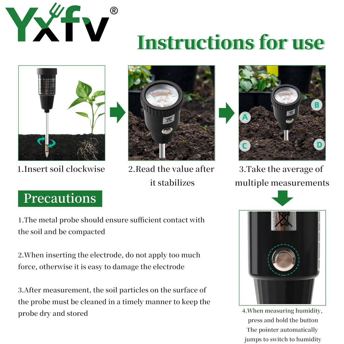 YXFV 2-in-1 Soil PH Tester Gardening Tool, Soil Moisture & Light Meter with Long 11.6’’ Probe, No Battery Needed, for Garden, Lawn, Farm, Indoor & Outdoor Plants Care