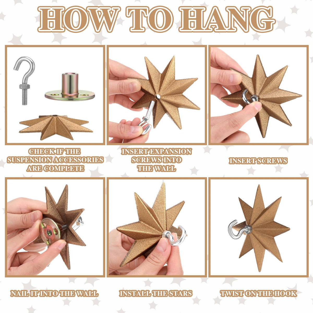 LEIFIDE 2 Pcs 4.25'' Wall Mount Ceiling Hooks Plant Hooks for Ceiling Metal Plant Bracket Iron Wall Hook for Hanging Plants, Lights, Outdoor Wire and Wind Chimes, Bronze (Whimsical Star Style)