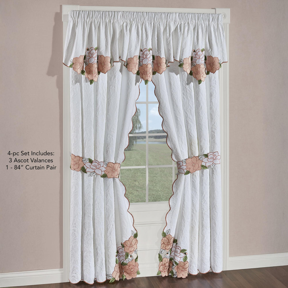 Lovington Floral Luxury Matelasse Window 3 Ascot Valances & Curtains Set