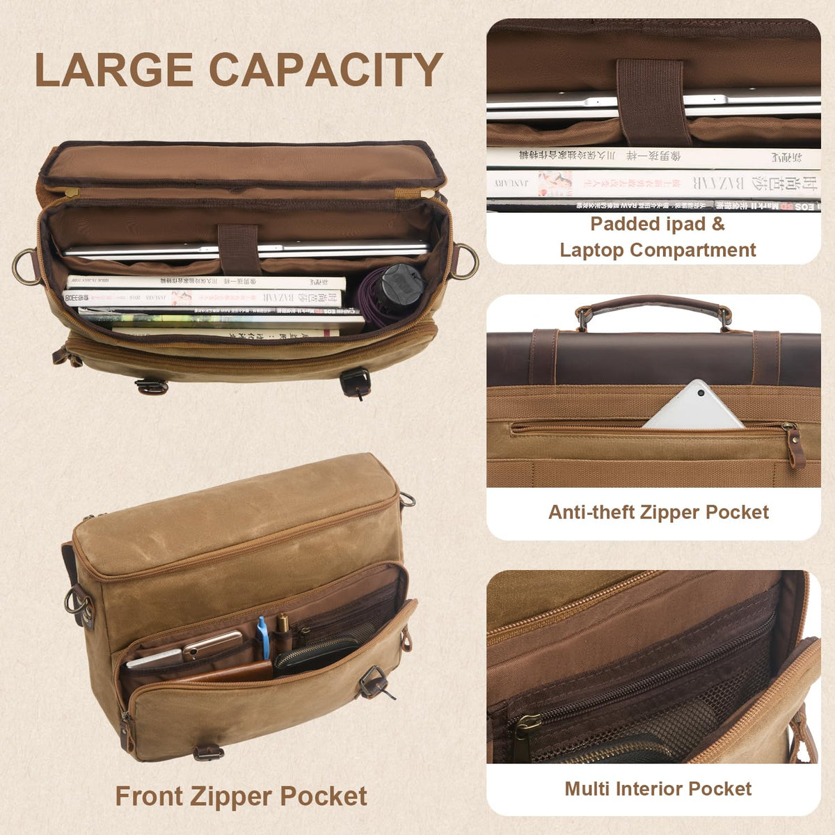Men's Messenger Bag Waxed Canvas Briefcase 16 Inch Vintage Genuine Leather Computer Laptop Bags Waterproof Satchel Shoulder Bag for Work/Business/Office