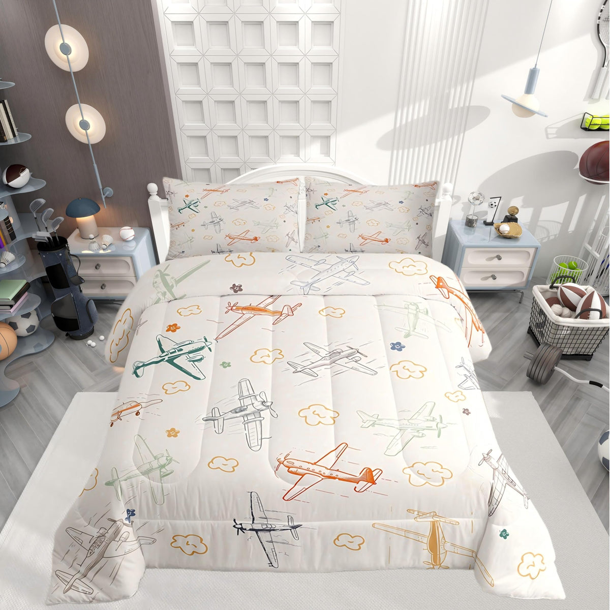 Castle Fairy Aircraft Bedding Set Kids Airplane Print Comforter Boys Girls Decor Aircraft Flying Theme Blanket Microfiber Sketch Style Khaki Yellow Duvet Set Bedroom Twin Size with 1 Pillow Case