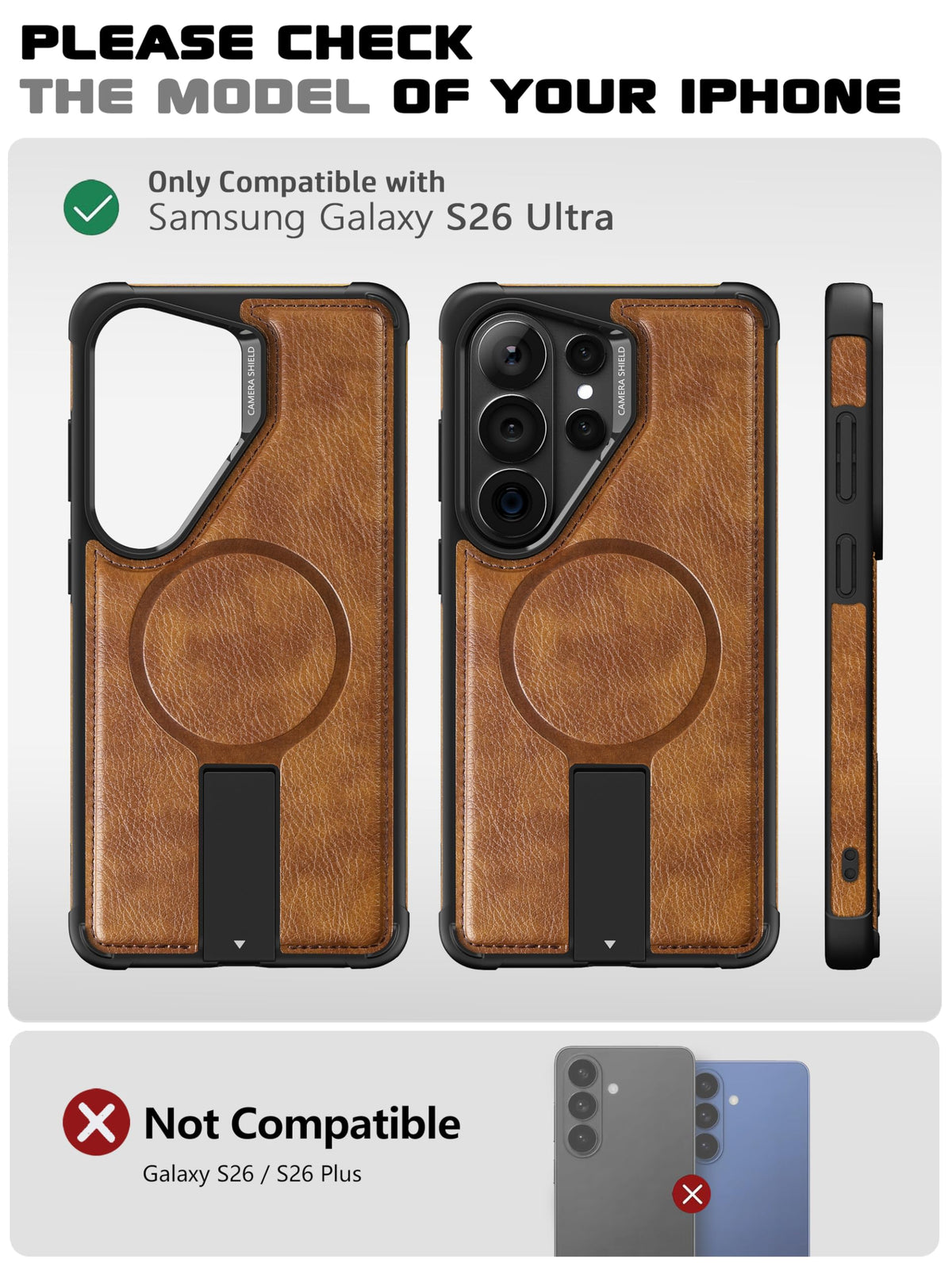 VAUSERDY Strong Magnetic for Samsung Galaxy S26 Ultra Case Leather,[Compatible with MagSafe], Adjustable Kickstand, Shockproof Protective Cover for Samsung S26 Ultra (Brown)