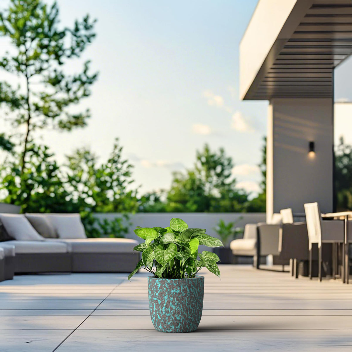 Humid Jade 13.4-Inch Dia Round Concrete Planter, Weathered Clay Speckled Plant Pot with Drainage Hole, Modern Stone Texture for Indoor Outdoor Use – Patio, Garden, Entryway, Ocean Teal Veil