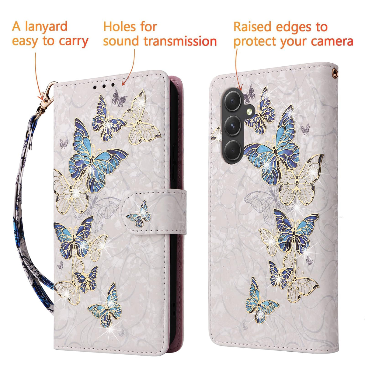 UEEBAI Wallet Case for Samsung Galaxy S25 Plus 5G, PU Leather Phone Case Kickstand RFID Blocking Flip Case Card Slots Wrist Strap Relief Engraved Pattern Magnetic Closure Flower Case, Blue Butterfly