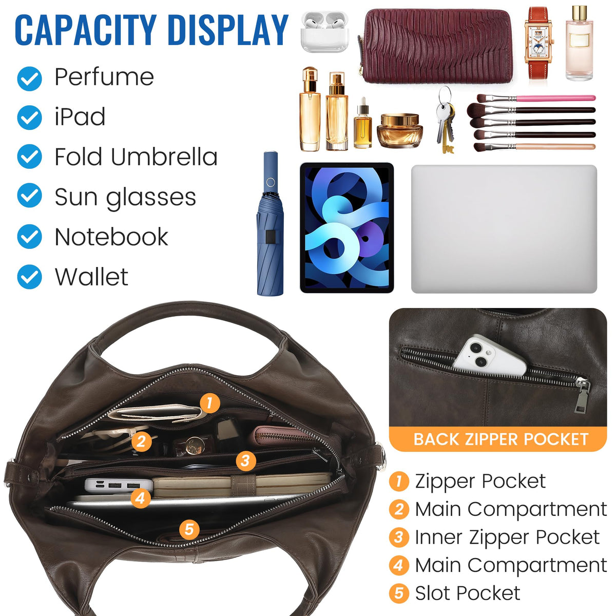KOGTLA Vegan Leather Purses for Women with Detachable Satchel Strap, Ladies Handbags, Tote Hobo Bags with Top Handle Dark Coffee