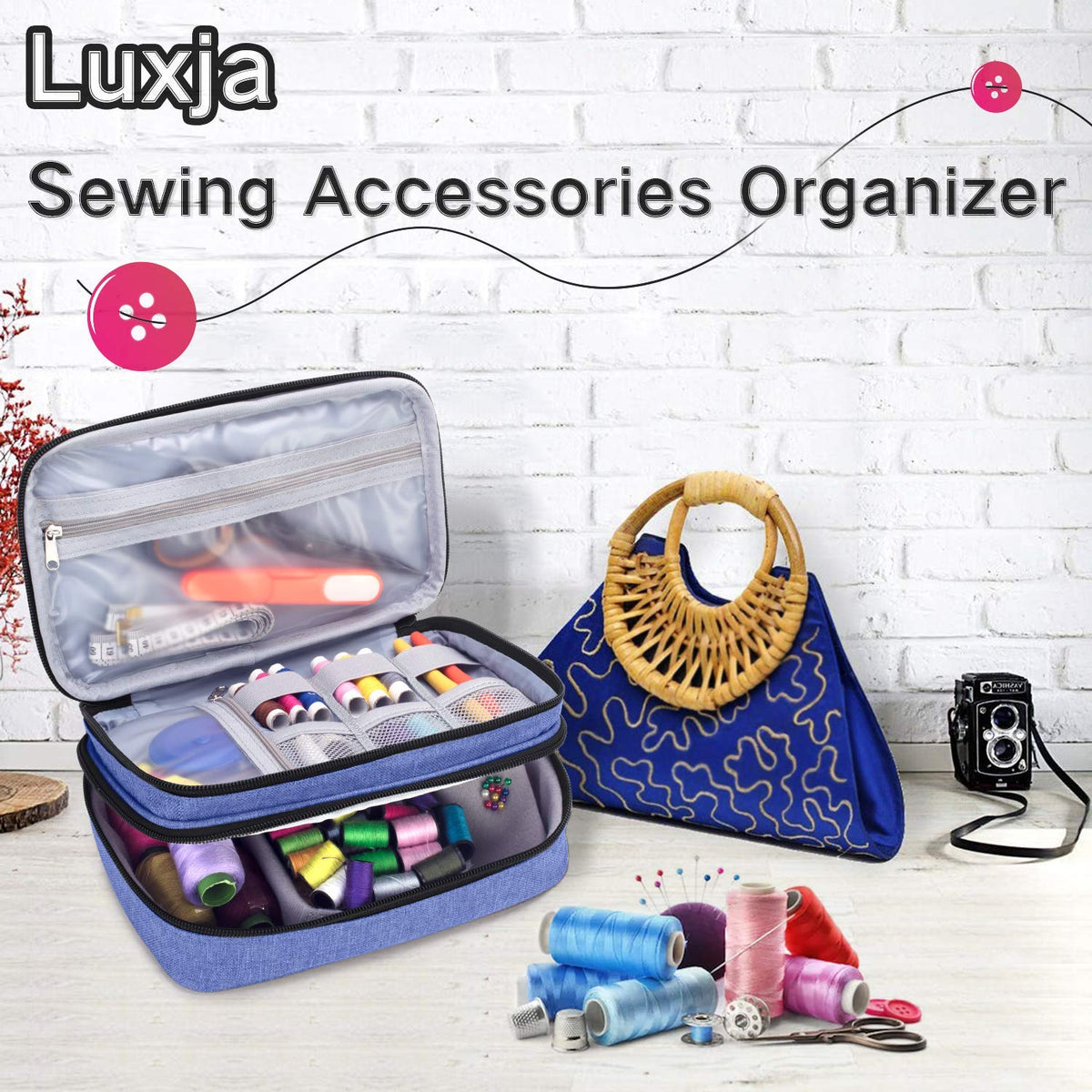 Luxja Sewing Accessories Organizer, Double-Layer Sewing Supplies Organizer for Needles, Scissors, Measuring Tape, Thread and Other Sewing Tools (NO Accessories Included), Dark Blue