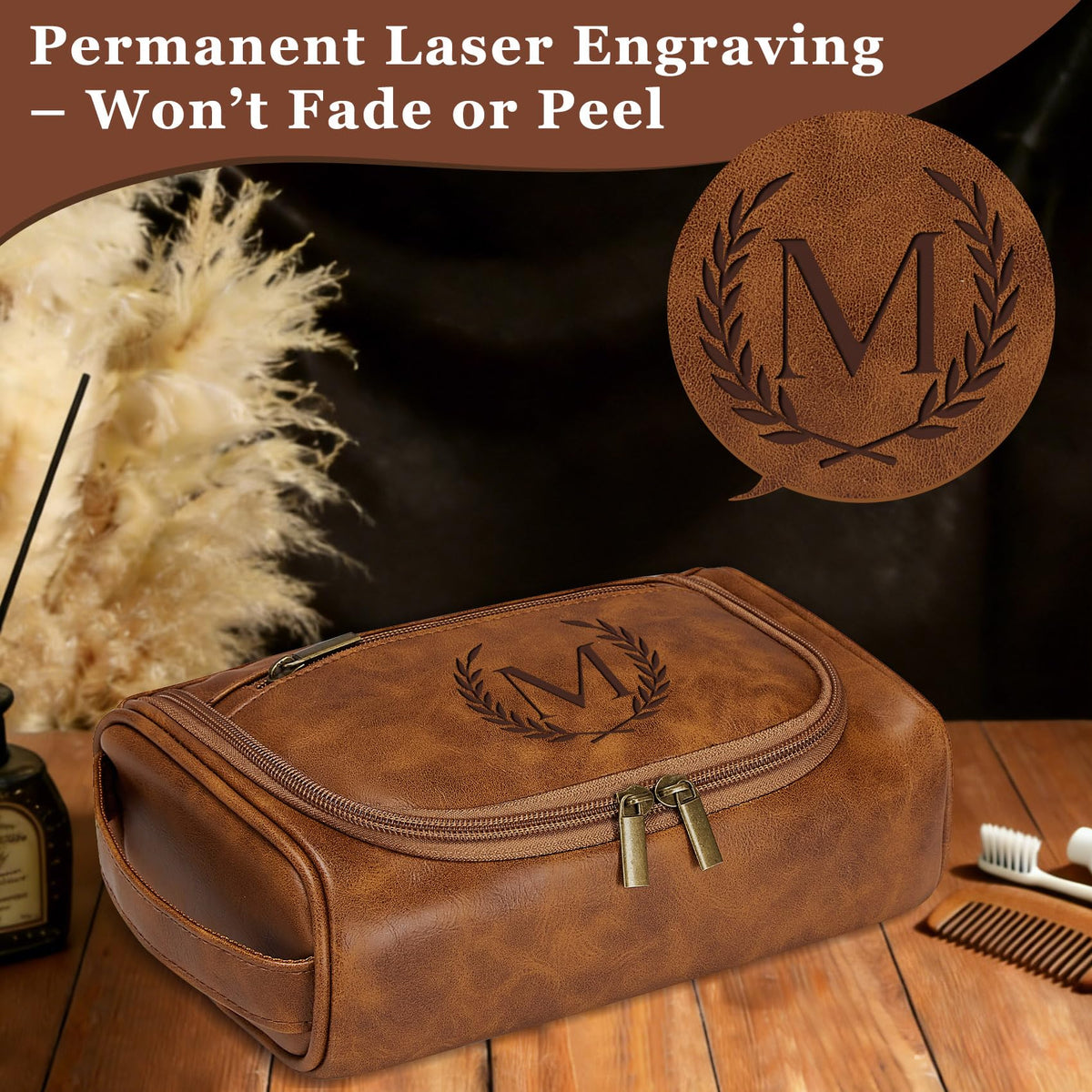 Aganmi Personalized Toiletry Bag Fathers Day Birthday Gifts for Men Dad Husband, Laser-Engraved Initial Waterproof PU Leather Toiletry Organizer Dopp Kit Shaving Bag Travel Essential Light Brown J