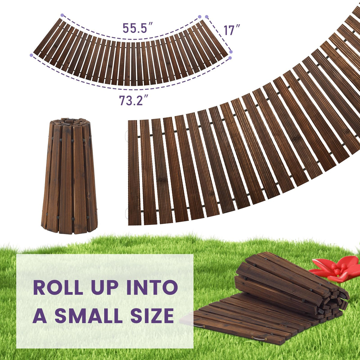 Wooden Garden Pathway, Outdoor Roll Out Sycamore Straight Walkway, Weather-Resistant (Carbonized, 6FT Curved)