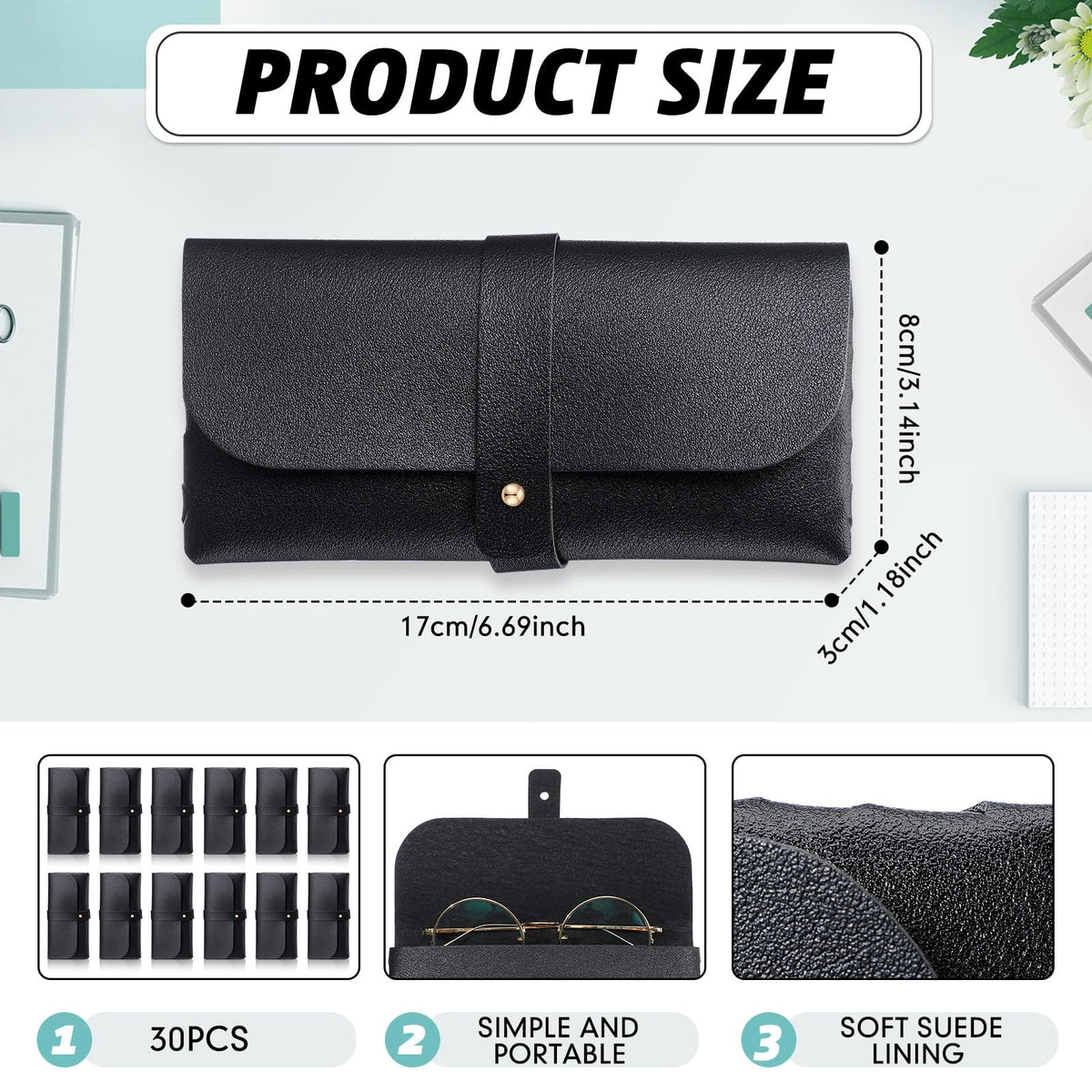 Nuogo 30 Pack Eyeglass Case Soft Glasses Case Studded Sunglasses Pouch Portable PU Leather Sunglasses Bag Travel Reading Glass Sleeve for Women Men