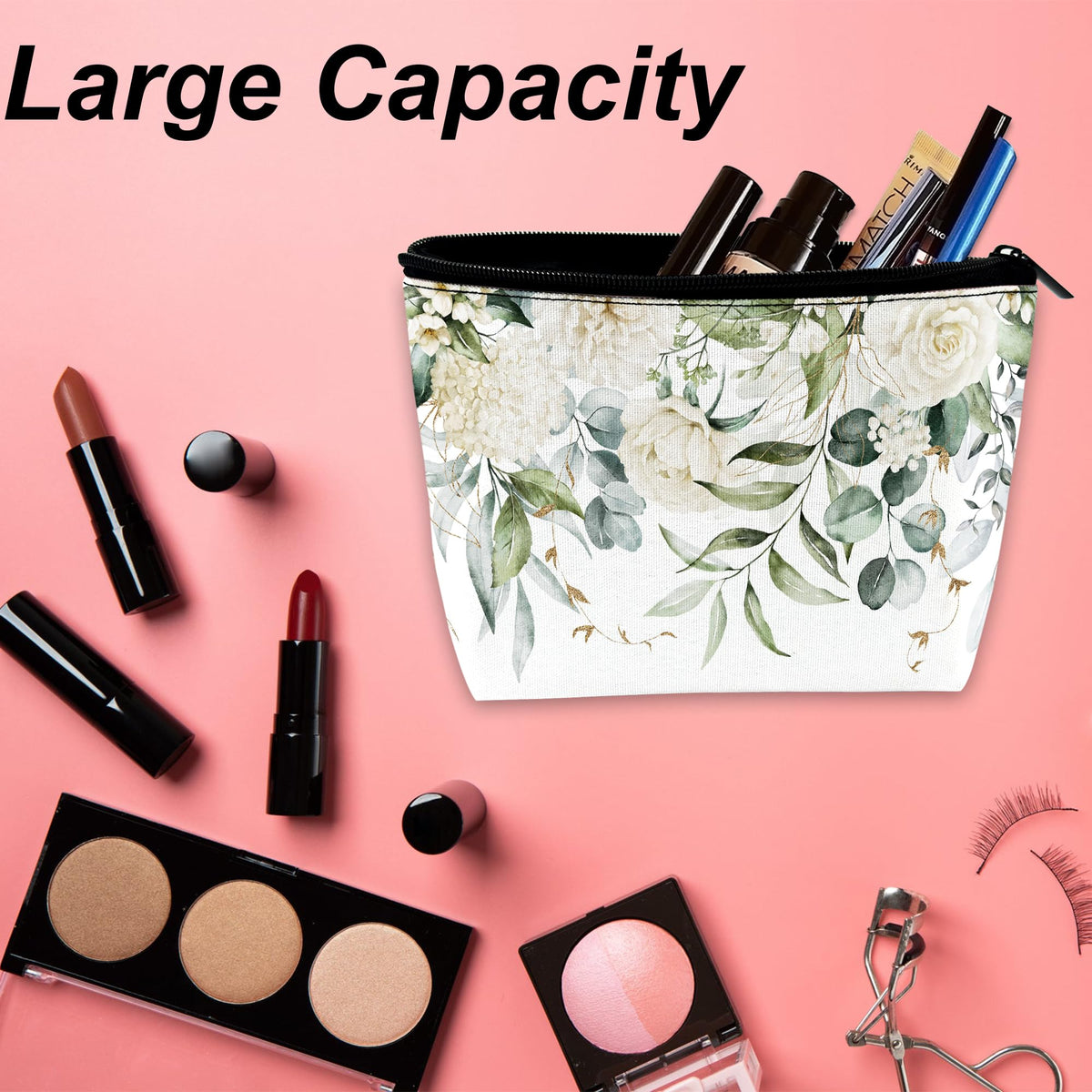 DEMACYA White Flowers Green Leaves Makeup Bag for Purse, Waterproof Funny Cosmetic Bag for Women, Zipper Travel Toiletry Pouch Gift 9.5×5.9 Inch