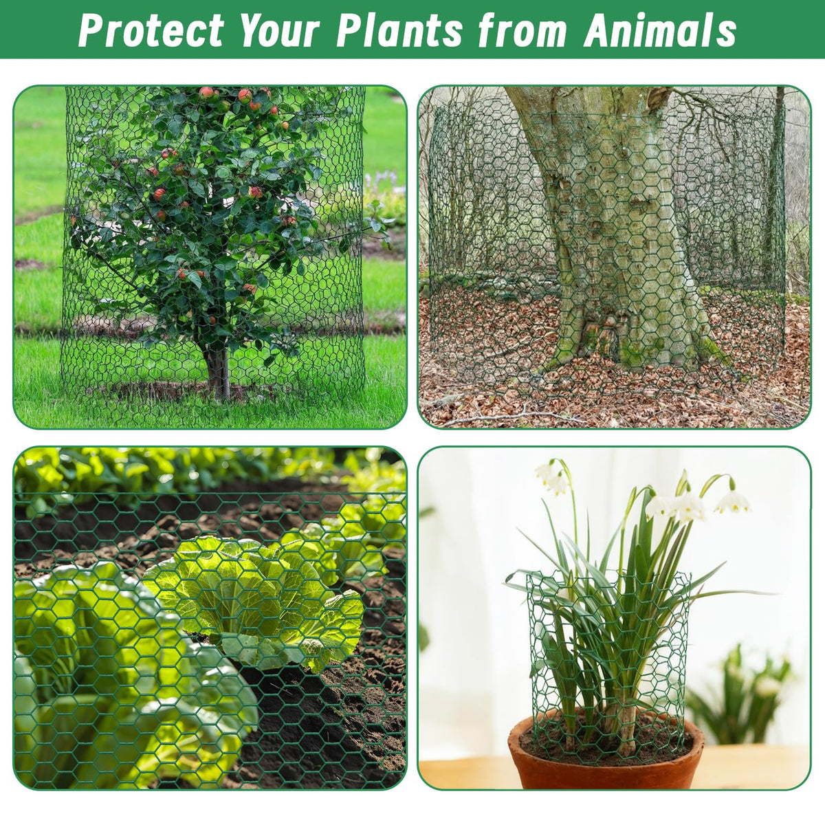 Convivium Plant Protectors from Animals, 0.8mm Free-Cut Green Chicken Wire Mesh, PVC Coated Tree Trunk Guard & Garden Fence for Outdoor Plants with Zip Ties, Stakes, Pliers, Gloves（33Ft*16In）