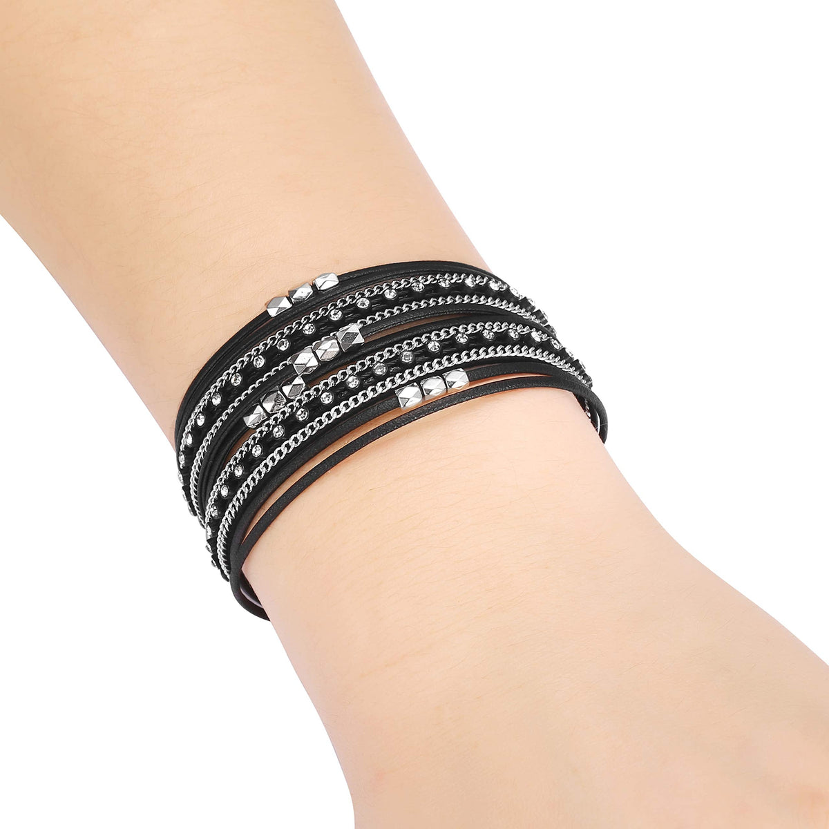 Fesciory Leather Wrap Bracelets for Women, Boho Leopard Multi-Layer Crystal Beads Cuff Bracelet Jewelry (Short Black)