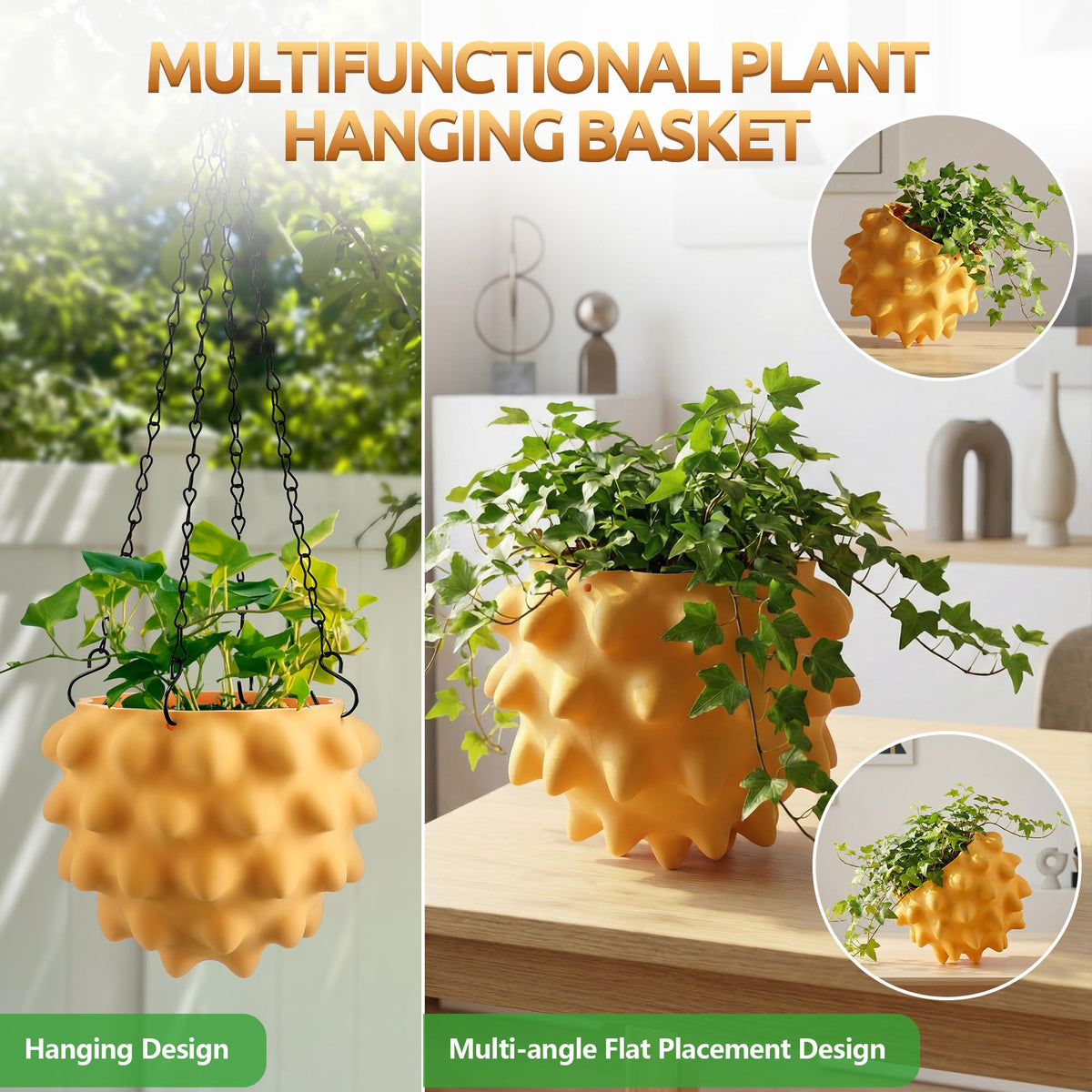 Enhon 6 Inch Hanging Planters for Indoor Plants, Unique Hanging Pots for Plants with Drainage and Hanger Baskets Hangers, Spiked Orb Plant Hanger, Matte Mustard Yellow