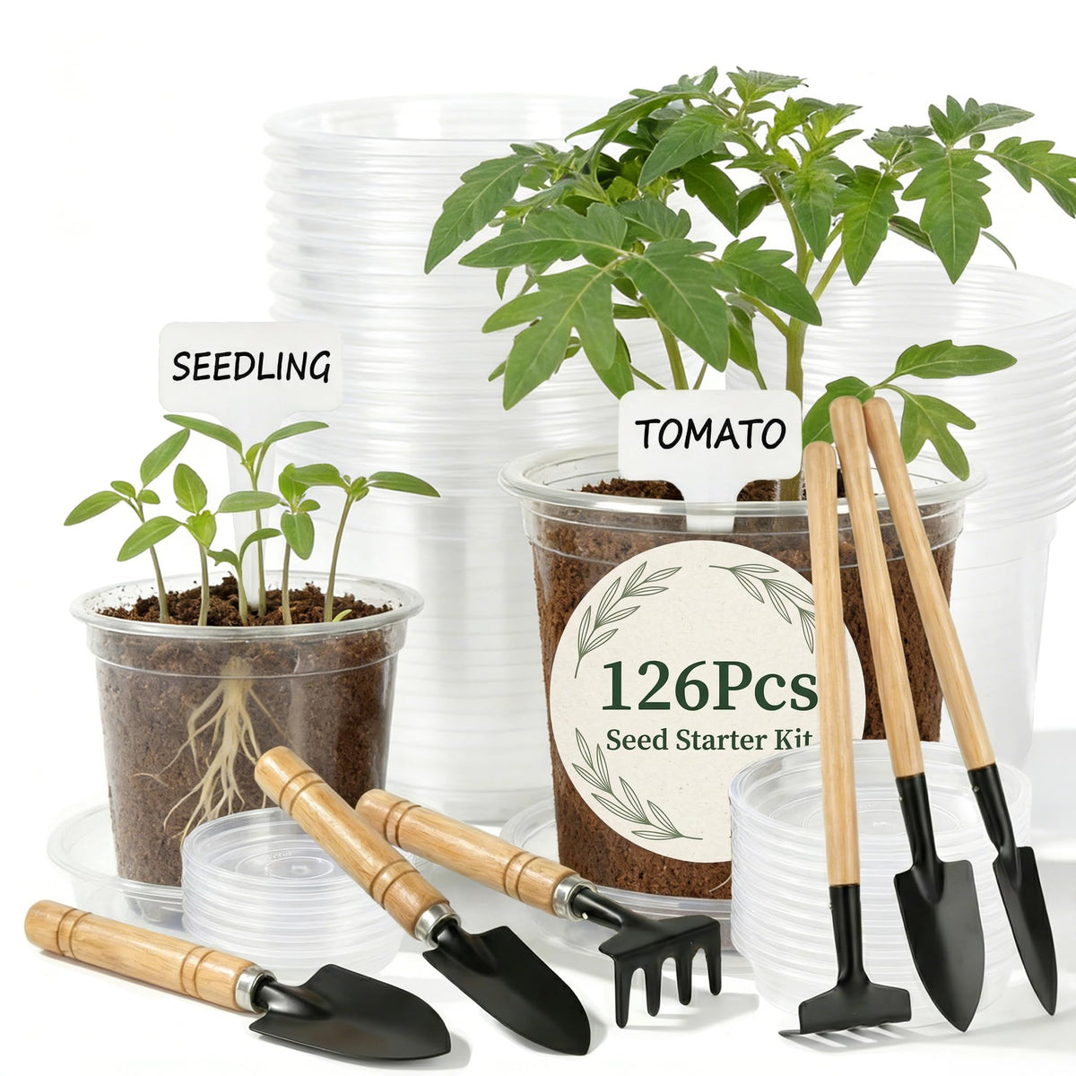 ENNUFO Clear Nursery Pots with Drainage, 126 Pcs Set, 4/5 Inch Plastic Pots for Indoor Plants, Seed Starter Kit with Plant Saucers, Clear Plant Pots with Drainage Holes, Pot Liners, Labels & Tools